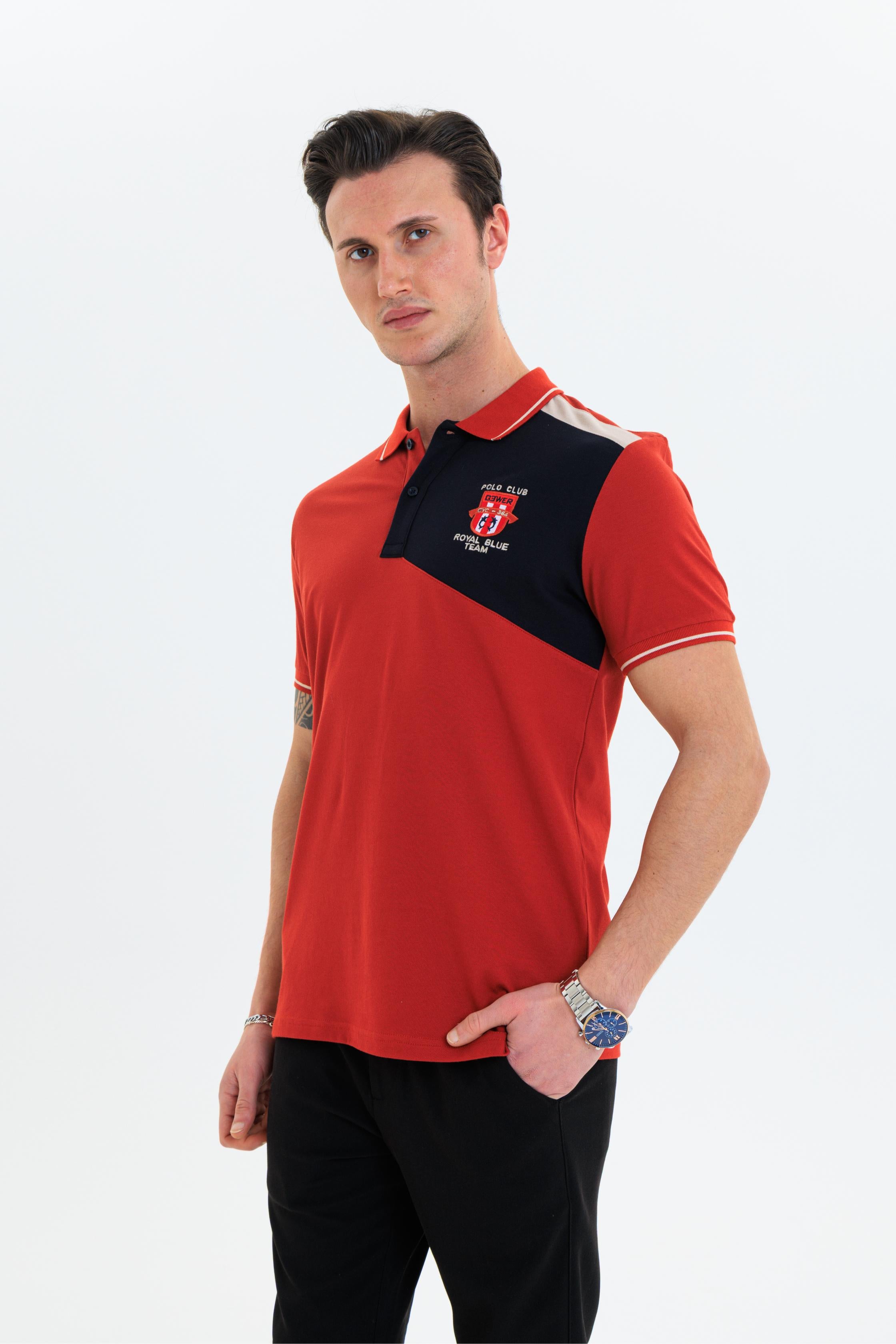 Parçalı nakışlı Polo Yaka Erkek T-Shirt Pamuklu Kiremit - Slim Fit & Pike Dokuma