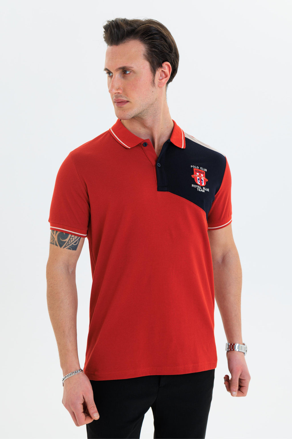 Parçalı nakışlı Polo Yaka Erkek T-Shirt Pamuklu Kiremit - Slim Fit & Pike Dokuma