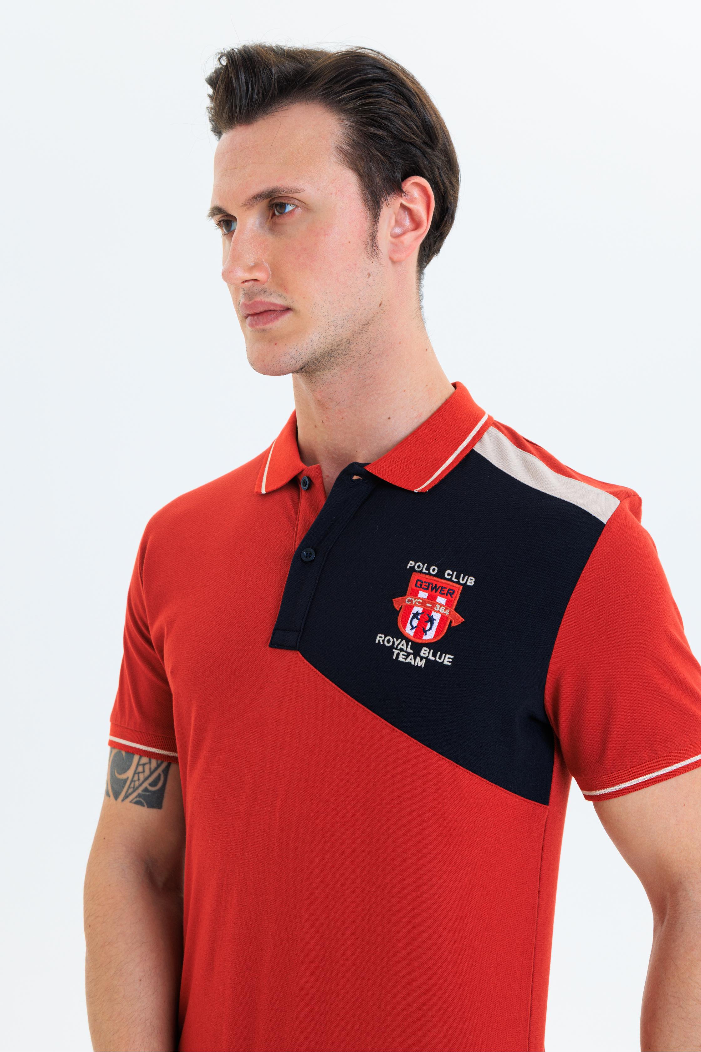 Parçalı nakışlı Polo Yaka Erkek T-Shirt Pamuklu Kiremit - Slim Fit & Pike Dokuma