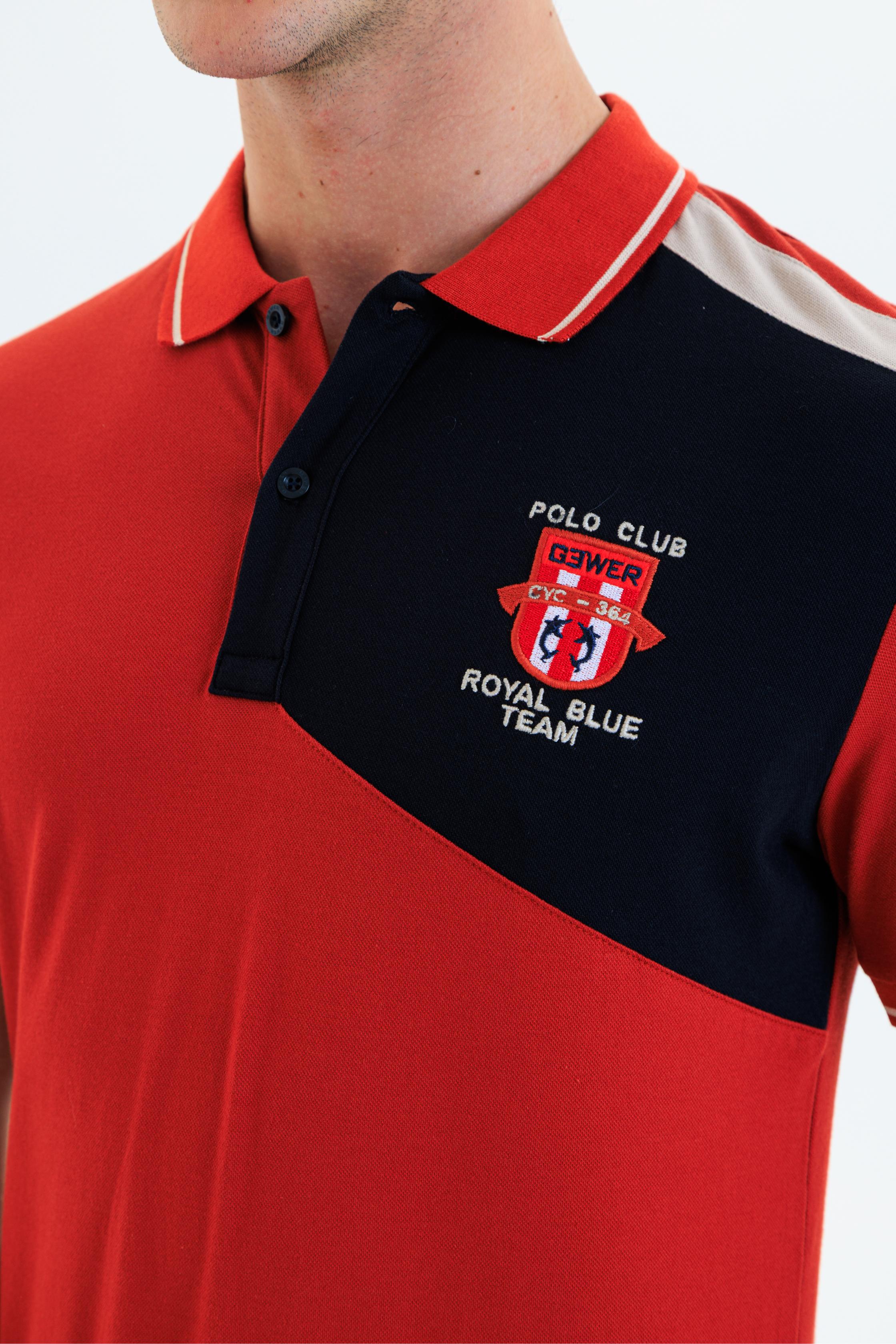 Parçalı nakışlı Polo Yaka Erkek T-Shirt Pamuklu Kiremit - Slim Fit & Pike Dokuma