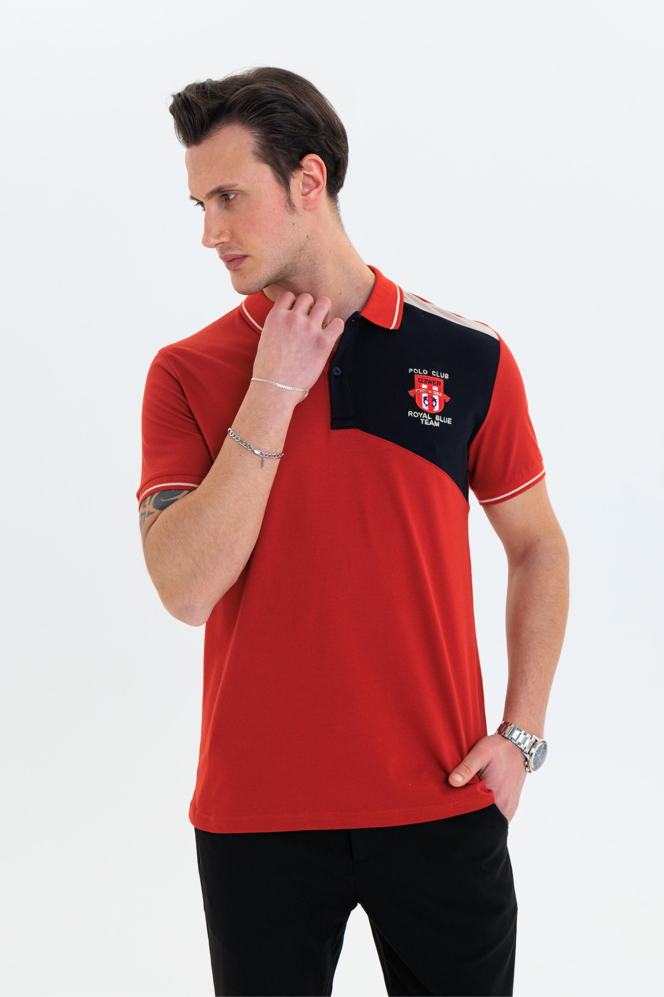 Parçalı nakışlı Polo Yaka Erkek T-Shirt Pamuklu Kiremit - Slim Fit & Pike Dokuma