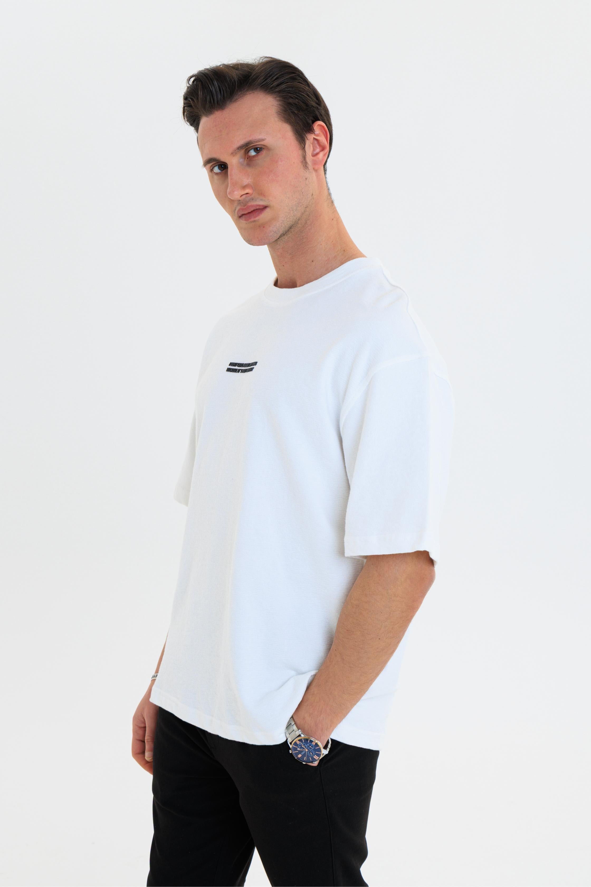 GEWER Erkek Basic T-Shirt beyaz - Bisiklet Yaka & Kısa Kollu Oversize Kalıp Triko Kumaş