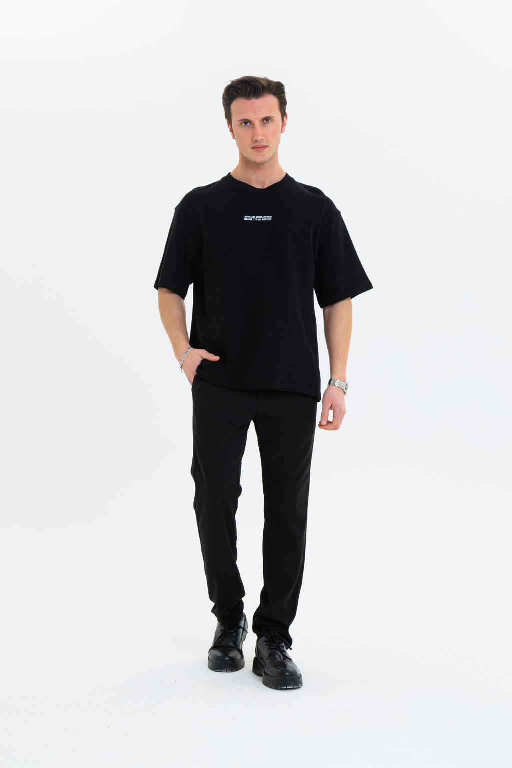 GEWER Erkek Basic T-Shirt Siyah - Bisiklet Yaka & Kısa Kollu Oversize Kalıp Triko Kumaş