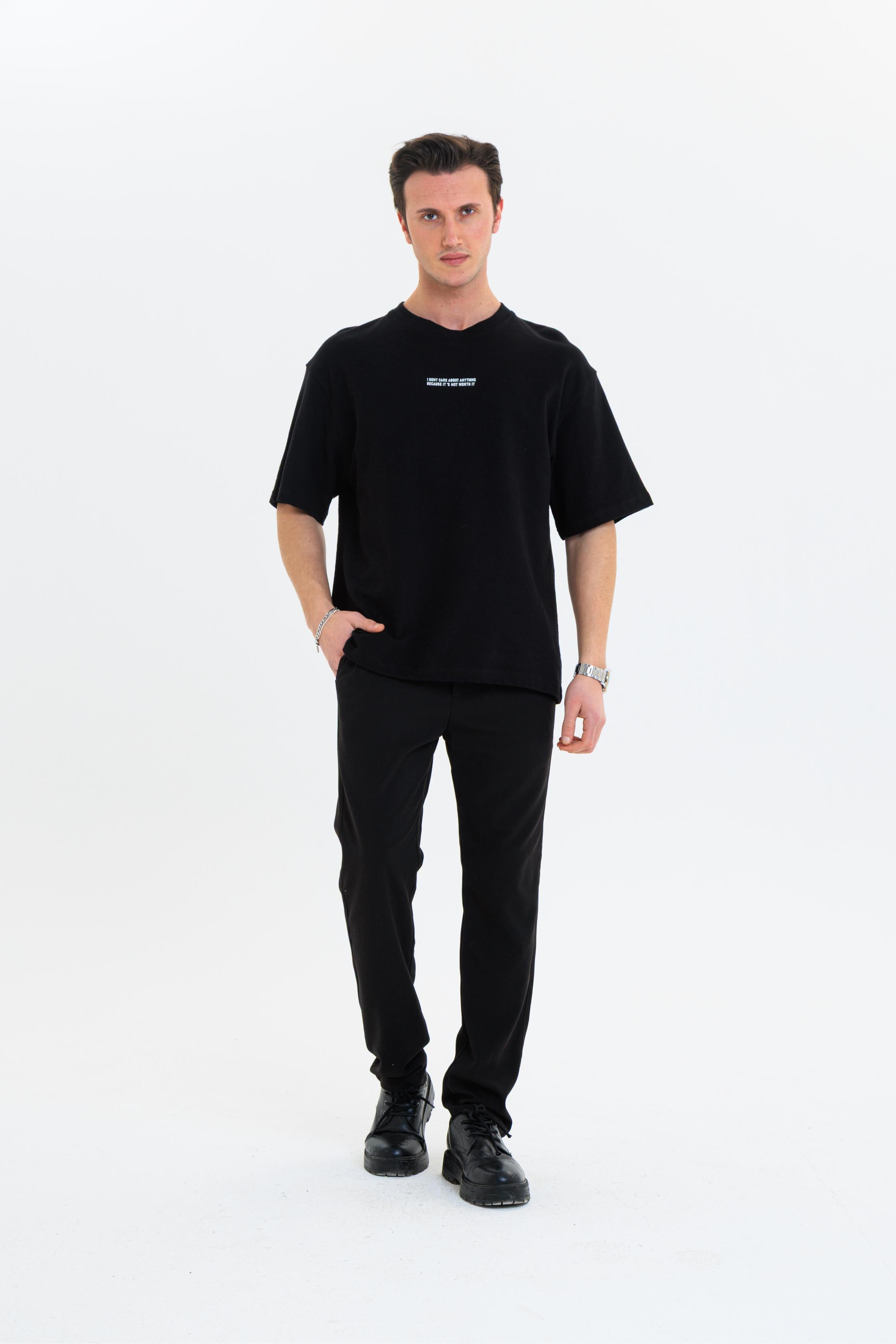 GEWER Erkek Basic T-Shirt Siyah - Bisiklet Yaka & Kısa Kollu Oversize Kalıp Triko Kumaş