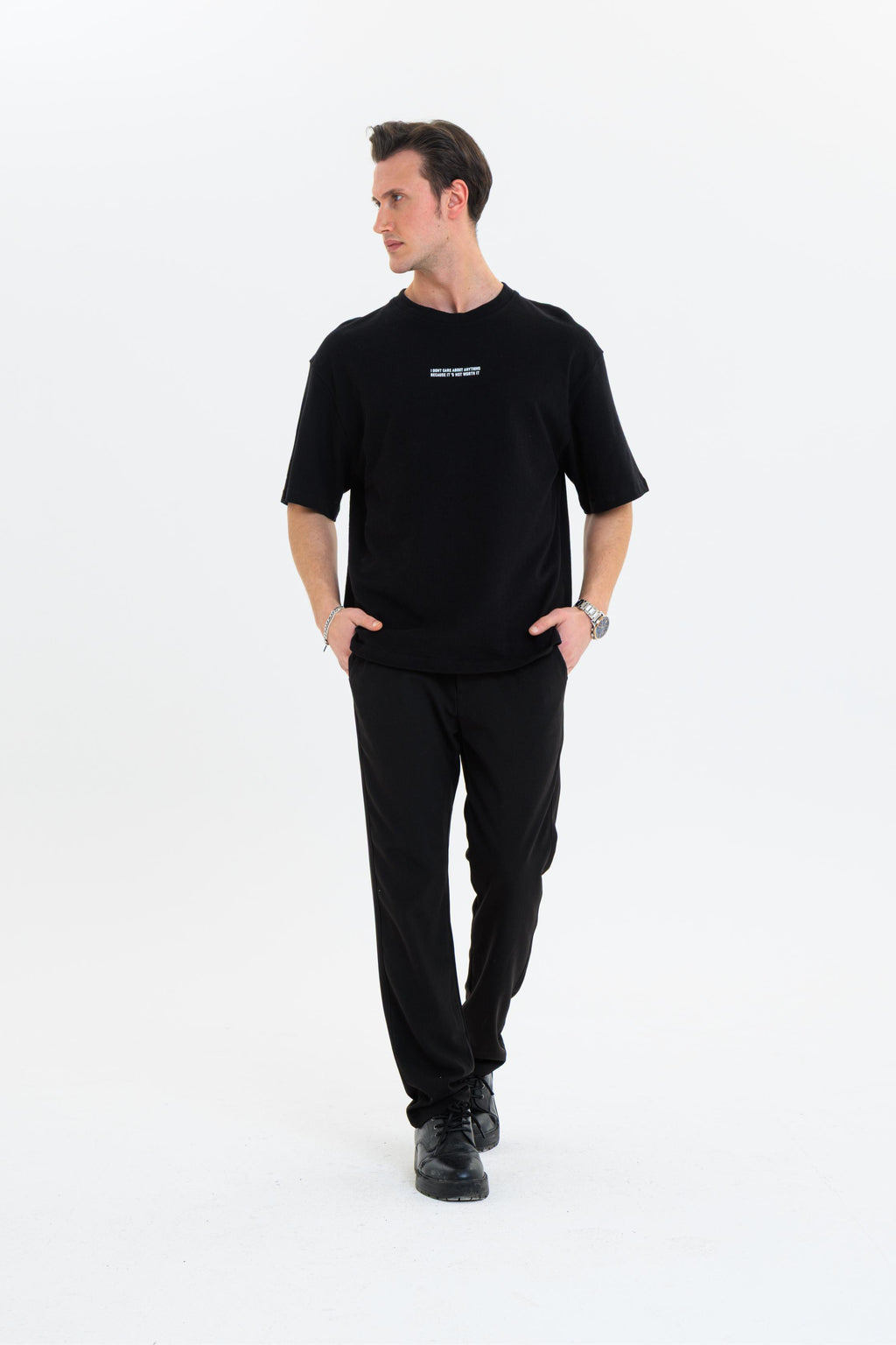 GEWER Erkek Basic T-Shirt Siyah - Bisiklet Yaka & Kısa Kollu Oversize Kalıp Triko Kumaş