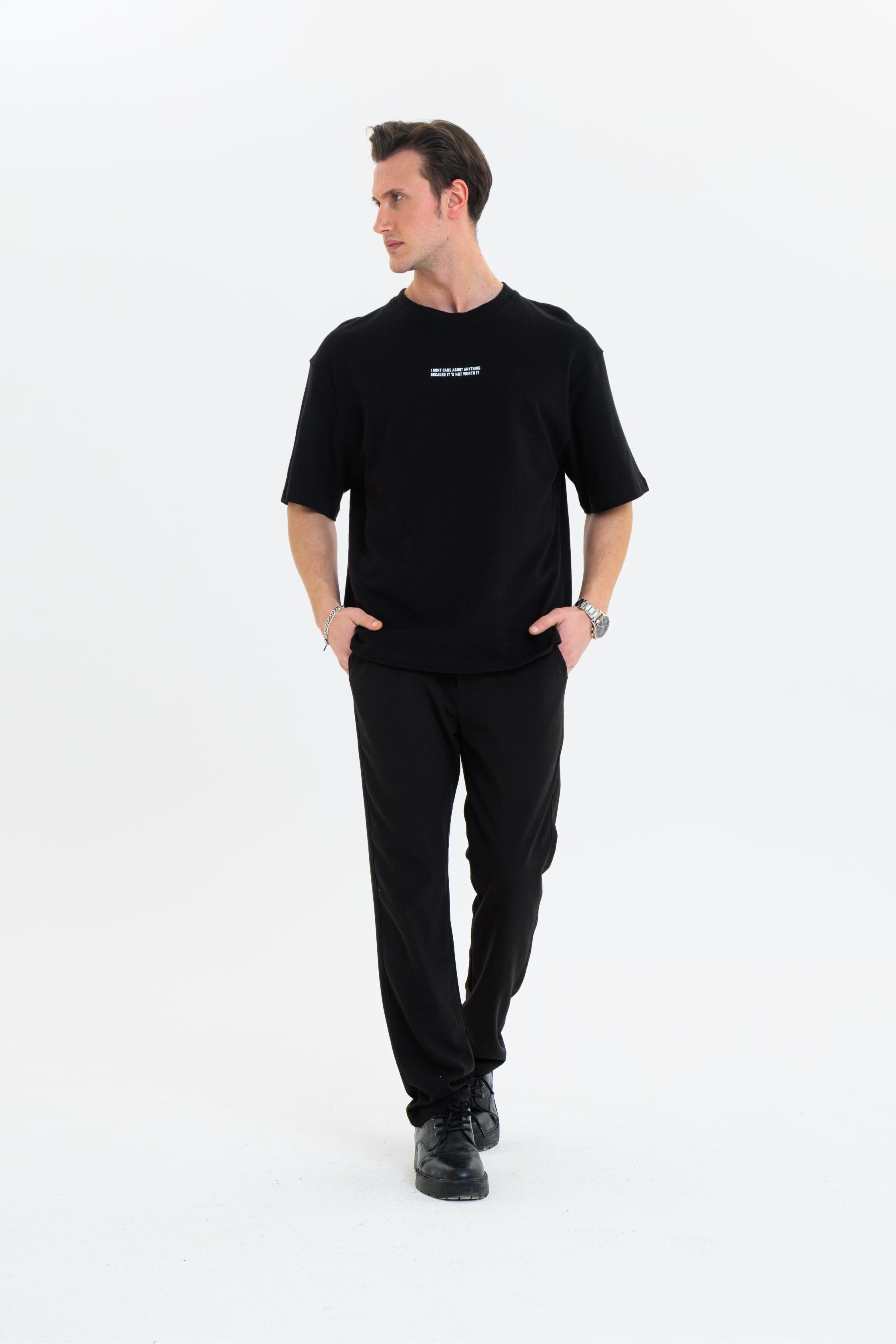 GEWER Erkek Basic T-Shirt Siyah - Bisiklet Yaka & Kısa Kollu Oversize Kalıp Triko Kumaş