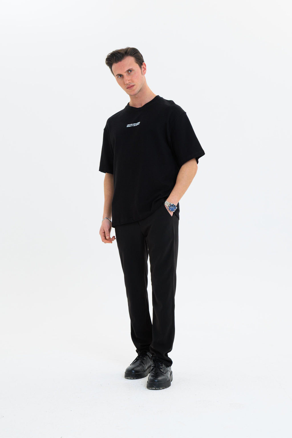 GEWER Erkek Basic T-Shirt Siyah - Bisiklet Yaka & Kısa Kollu Oversize Kalıp Triko Kumaş