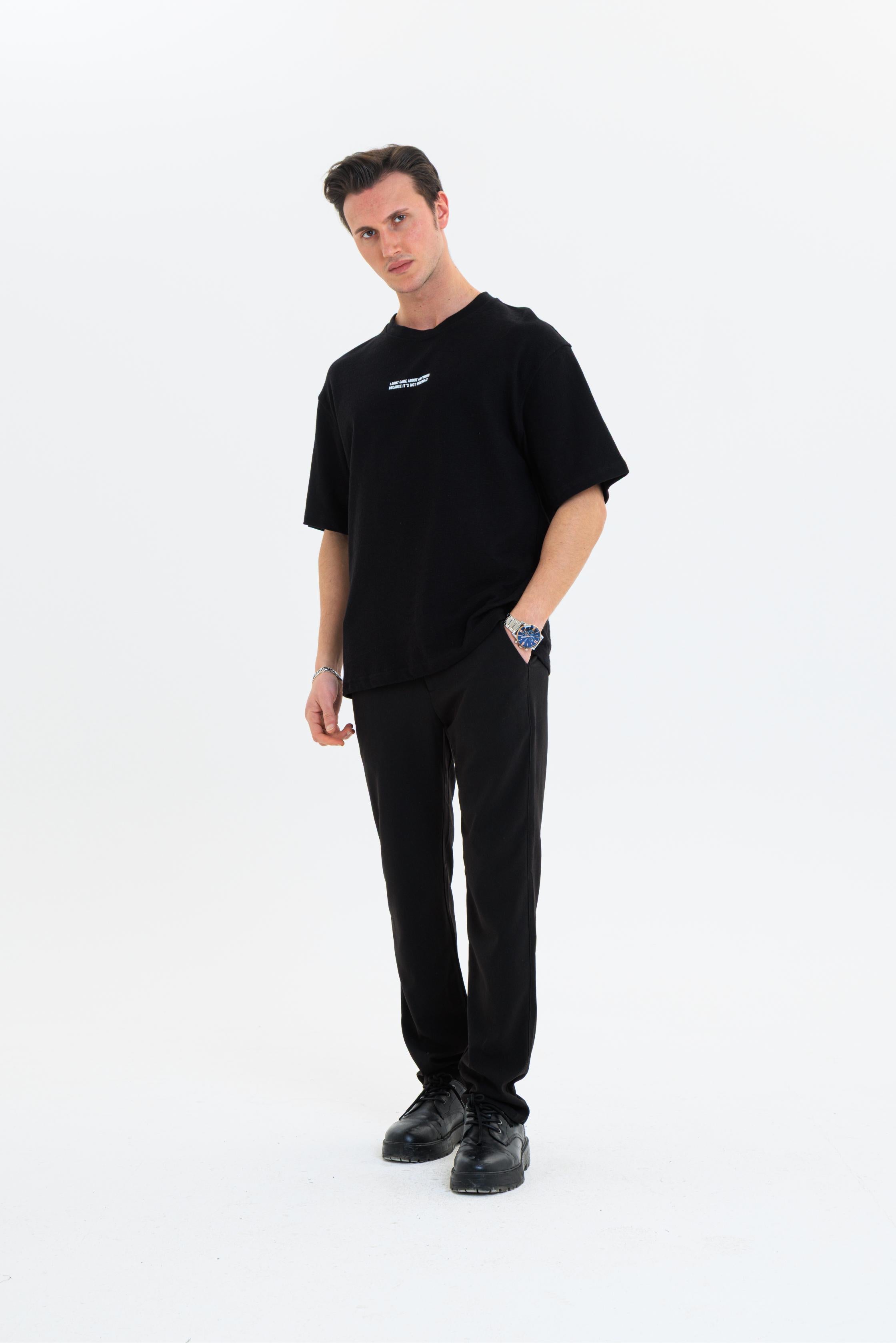 GEWER Erkek Basic T-Shirt Siyah - Bisiklet Yaka & Kısa Kollu Oversize Kalıp Triko Kumaş