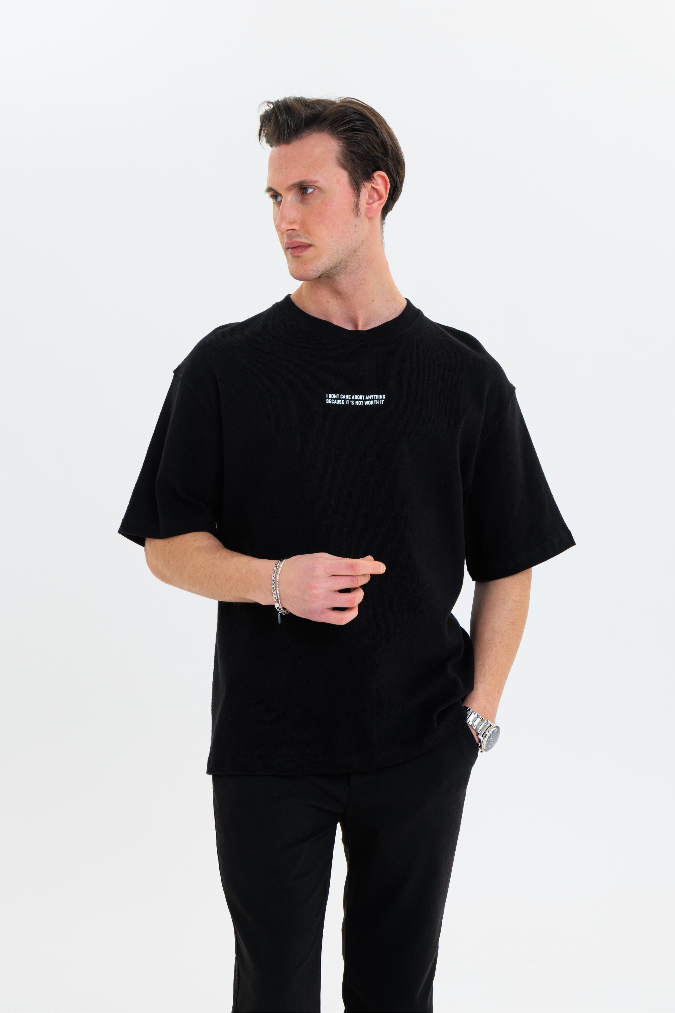 GEWER Erkek Basic T-Shirt Siyah - Bisiklet Yaka & Kısa Kollu Oversize Kalıp Triko Kumaş
