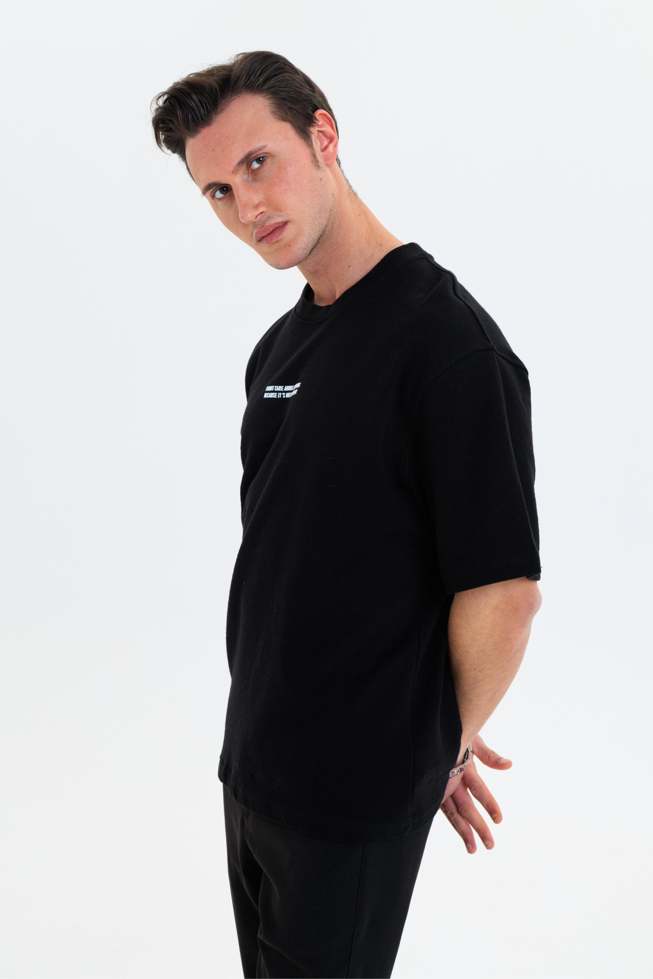 GEWER Erkek Basic T-Shirt Siyah - Bisiklet Yaka & Kısa Kollu Oversize Kalıp Triko Kumaş
