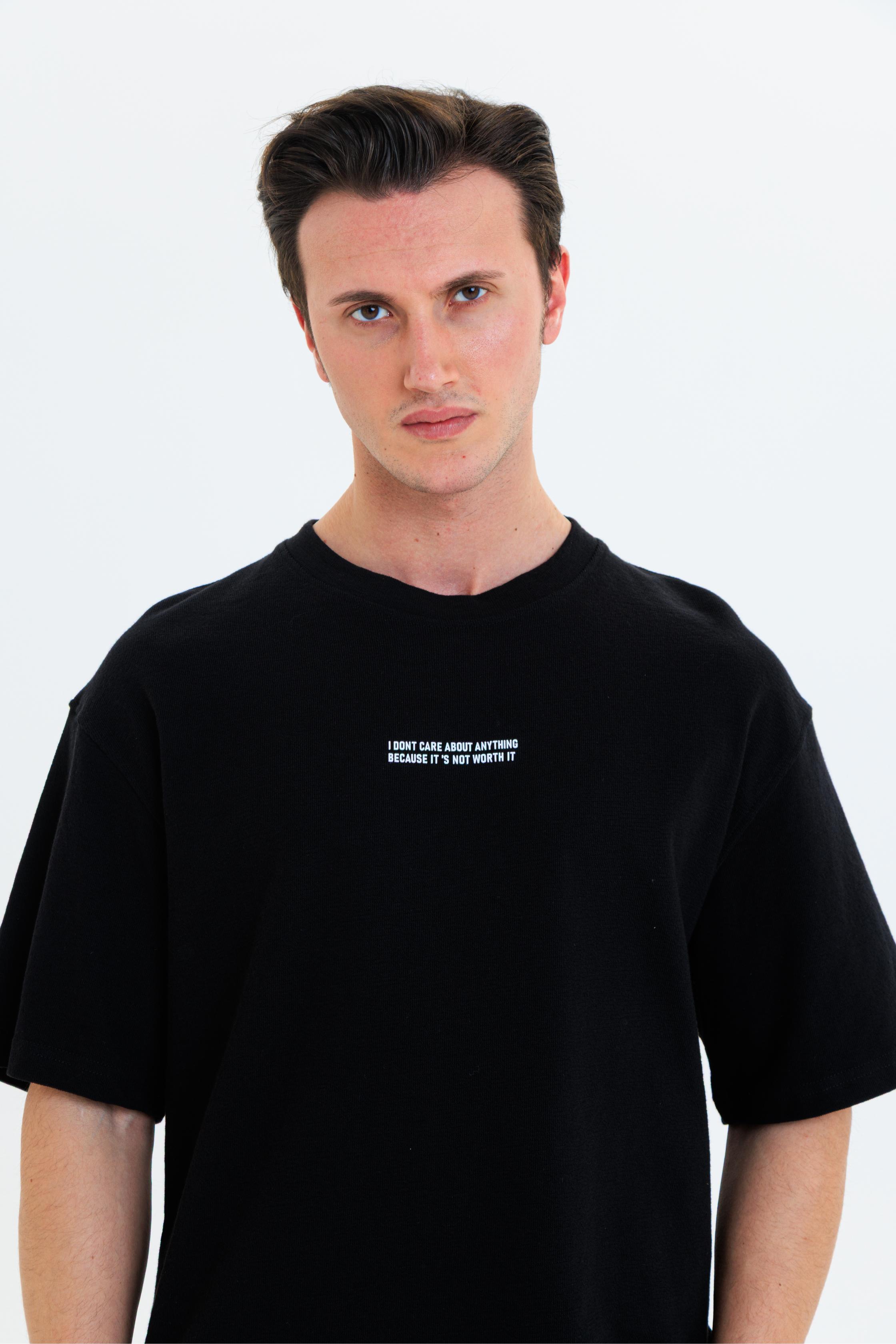 GEWER Erkek Basic T-Shirt Siyah - Bisiklet Yaka & Kısa Kollu Oversize Kalıp Triko Kumaş