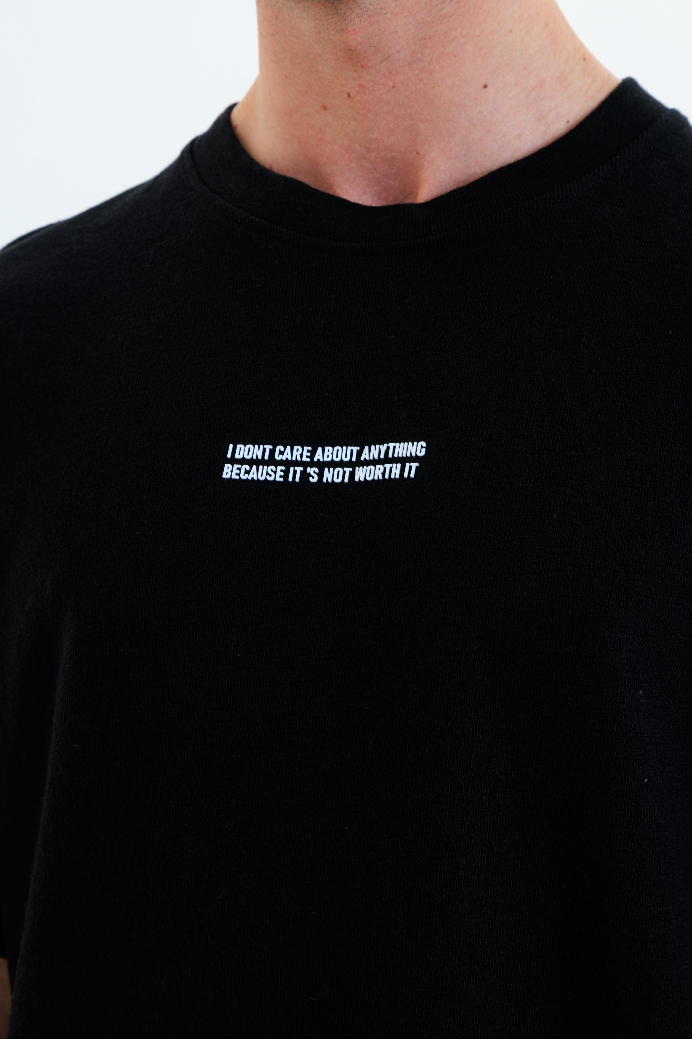 GEWER Erkek Basic T-Shirt Siyah - Bisiklet Yaka & Kısa Kollu Oversize Kalıp Triko Kumaş
