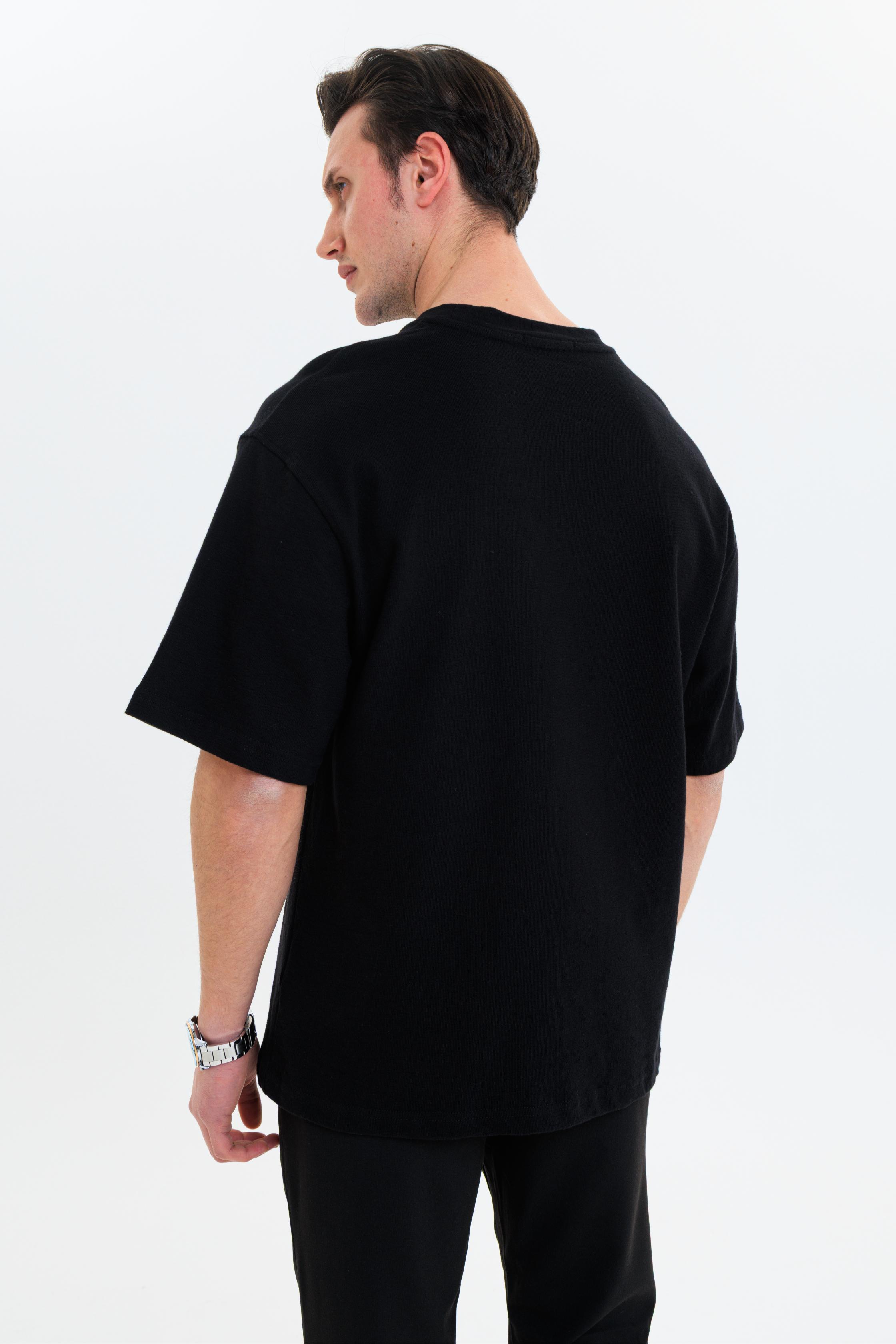 GEWER Erkek Basic T-Shirt Siyah - Bisiklet Yaka & Kısa Kollu Oversize Kalıp Triko Kumaş