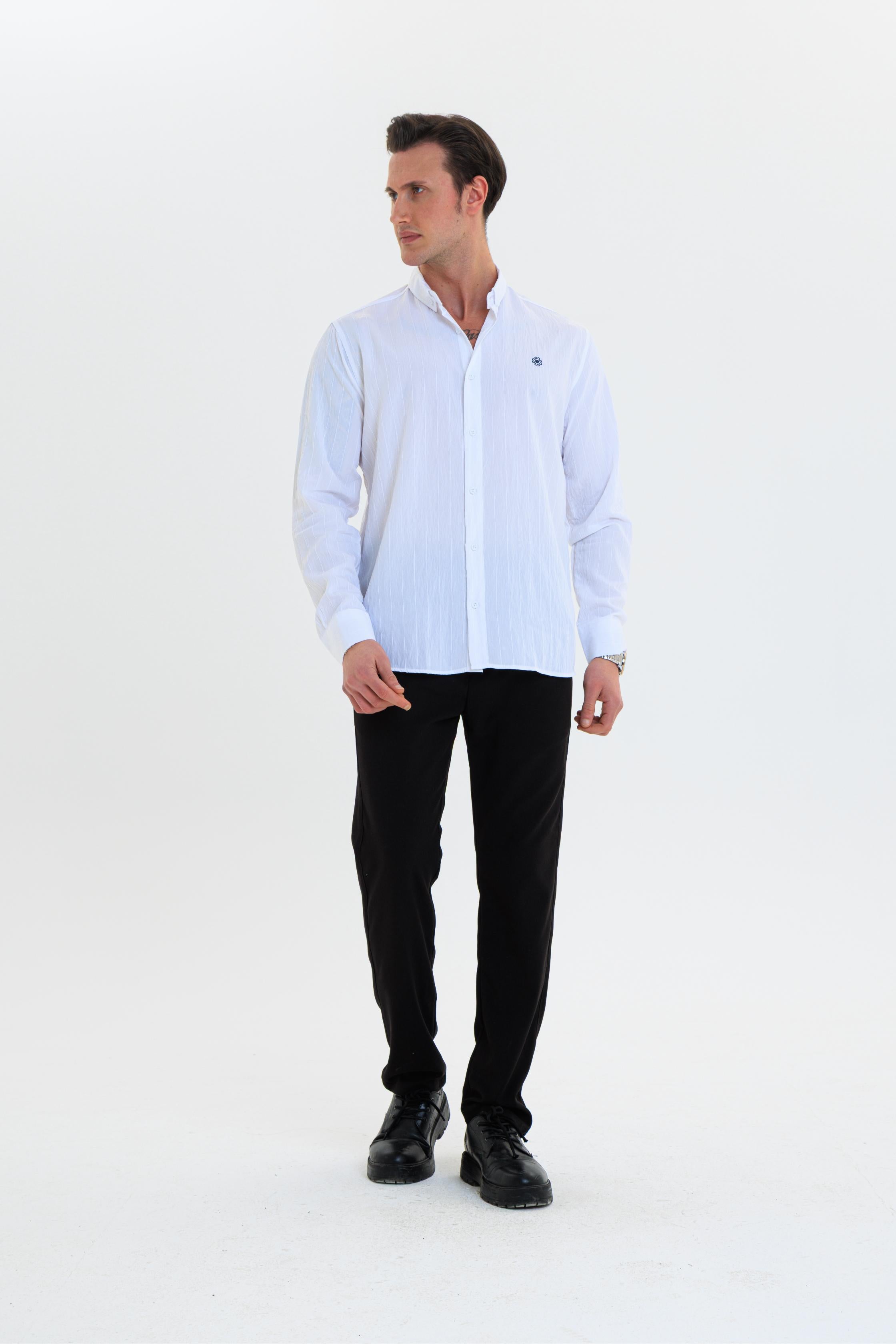 GEWER Erkek Slim Fit Nakış Detaylı Keten %100 Pamuk Beyaz Gömlek