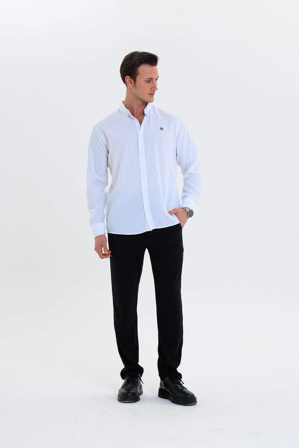GEWER Erkek Slim Fit Nakış Detaylı Keten %100 Pamuk Beyaz Gömlek