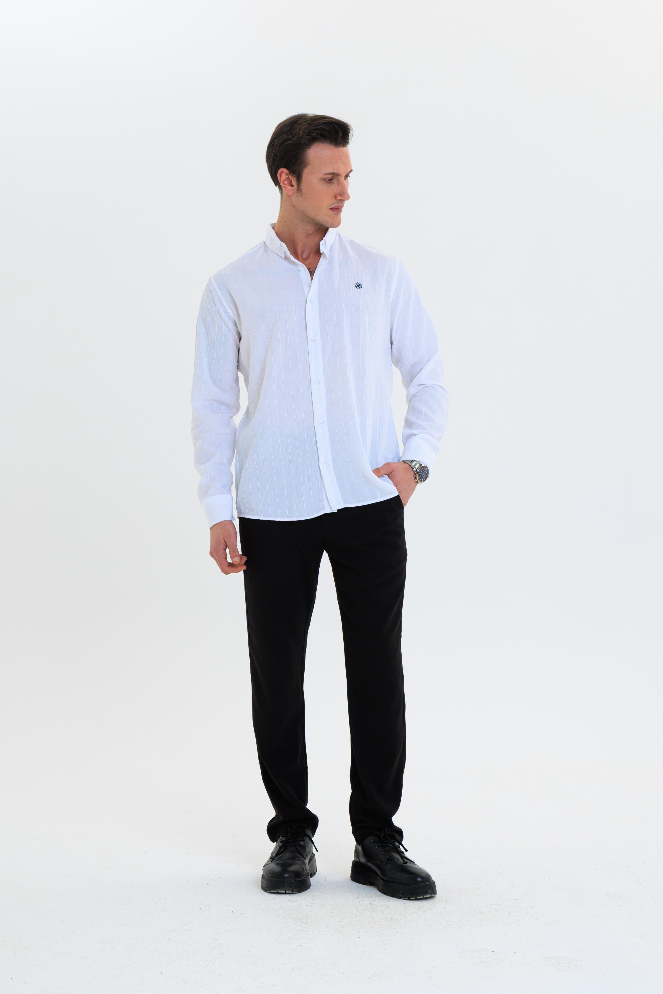 GEWER Erkek Slim Fit Nakış Detaylı Keten %100 Pamuk Beyaz Gömlek