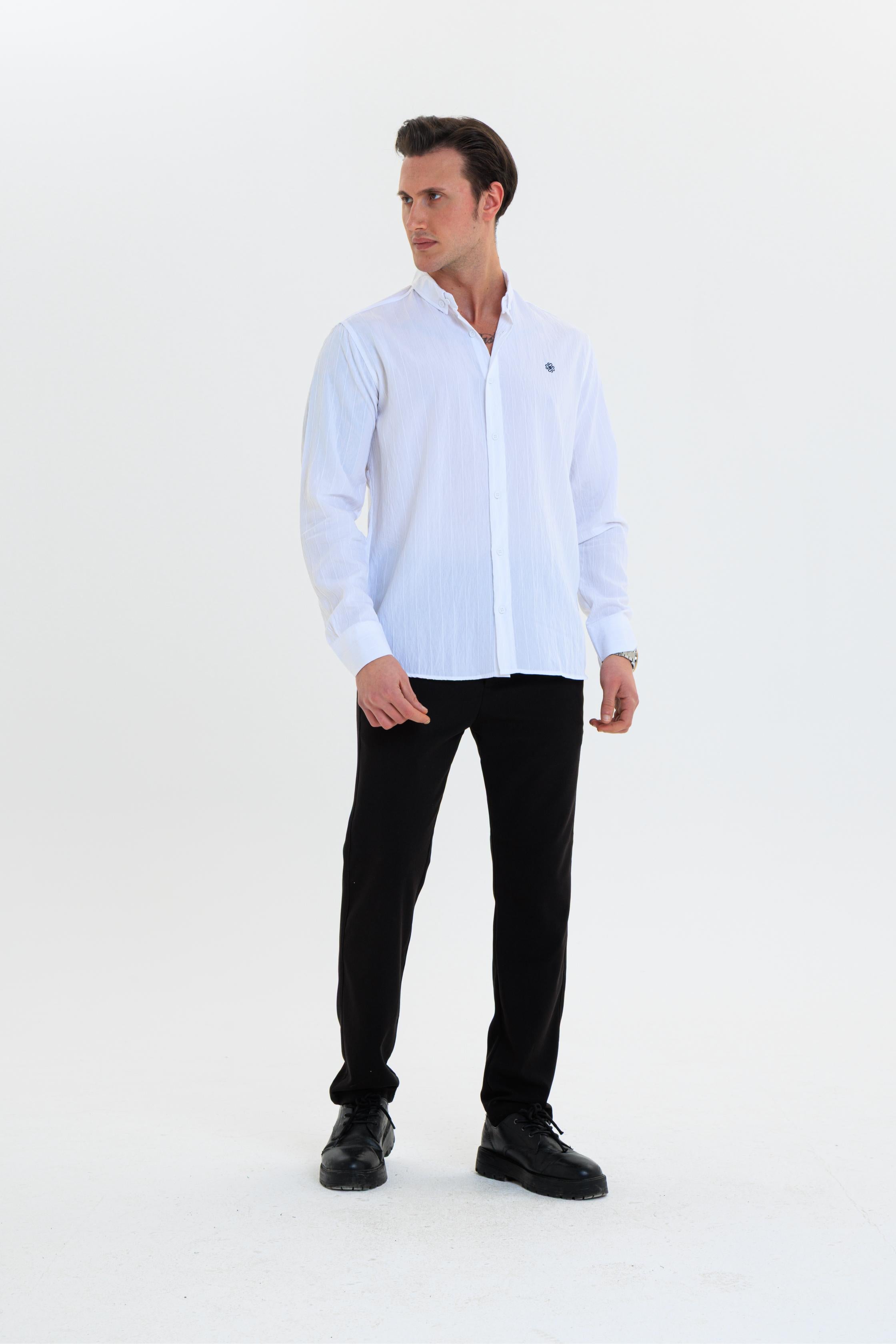 GEWER Erkek Slim Fit Nakış Detaylı Keten %100 Pamuk Beyaz Gömlek