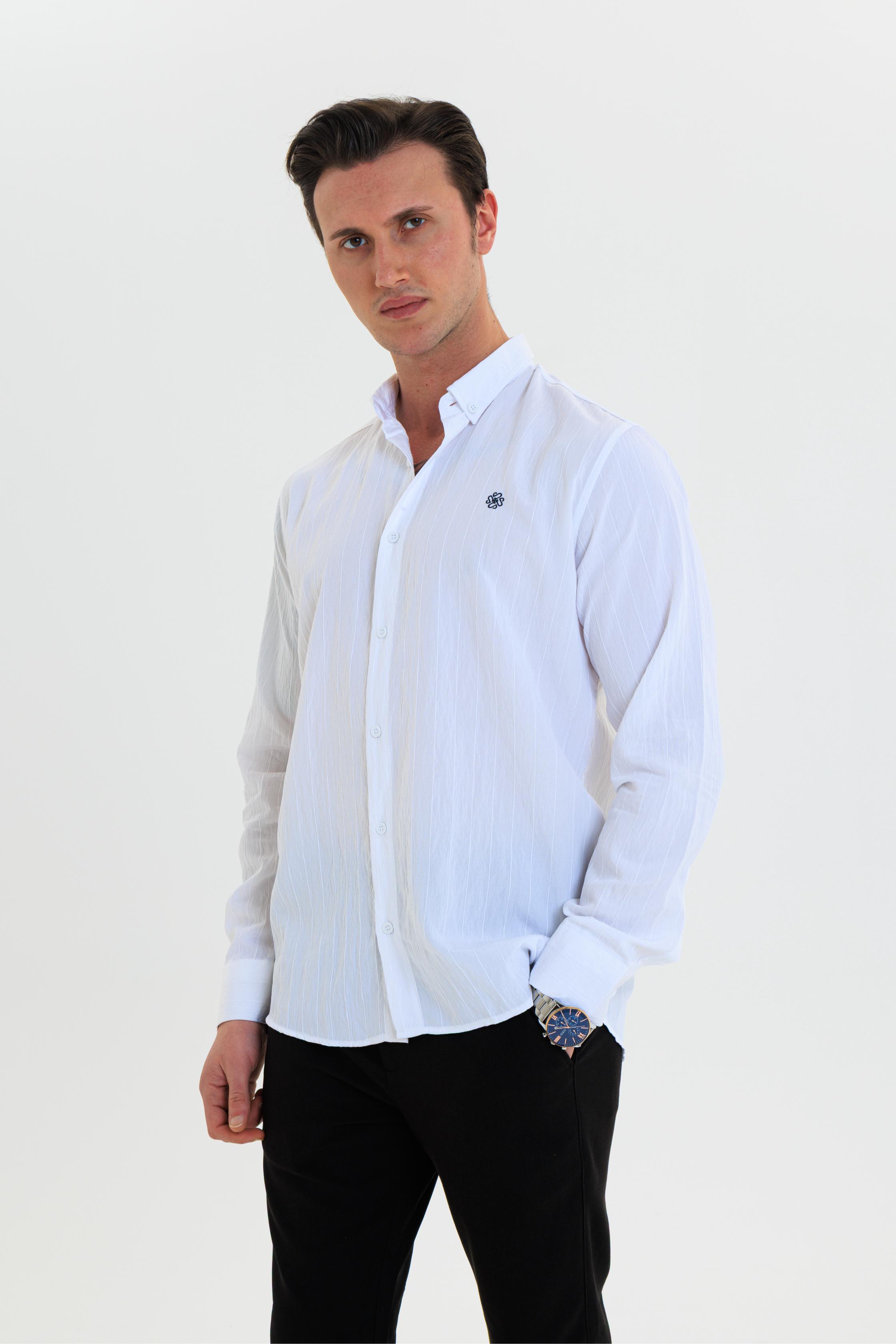 GEWER Erkek Slim Fit Nakış Detaylı Keten %100 Pamuk Beyaz Gömlek