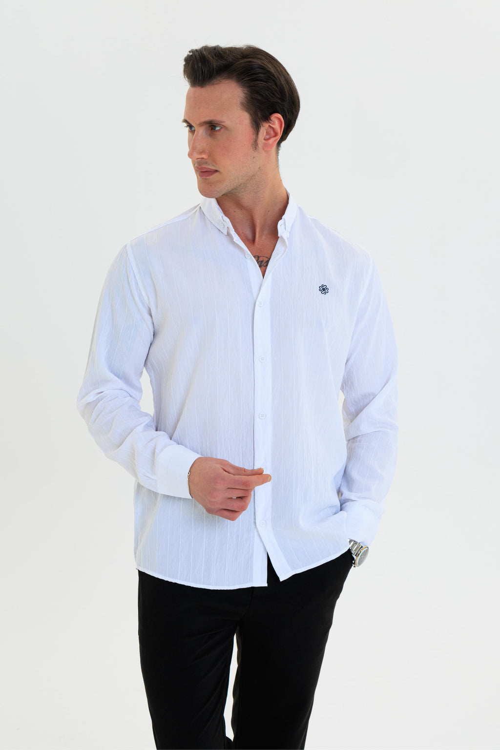 GEWER Erkek Slim Fit Nakış Detaylı Keten %100 Pamuk Beyaz Gömlek