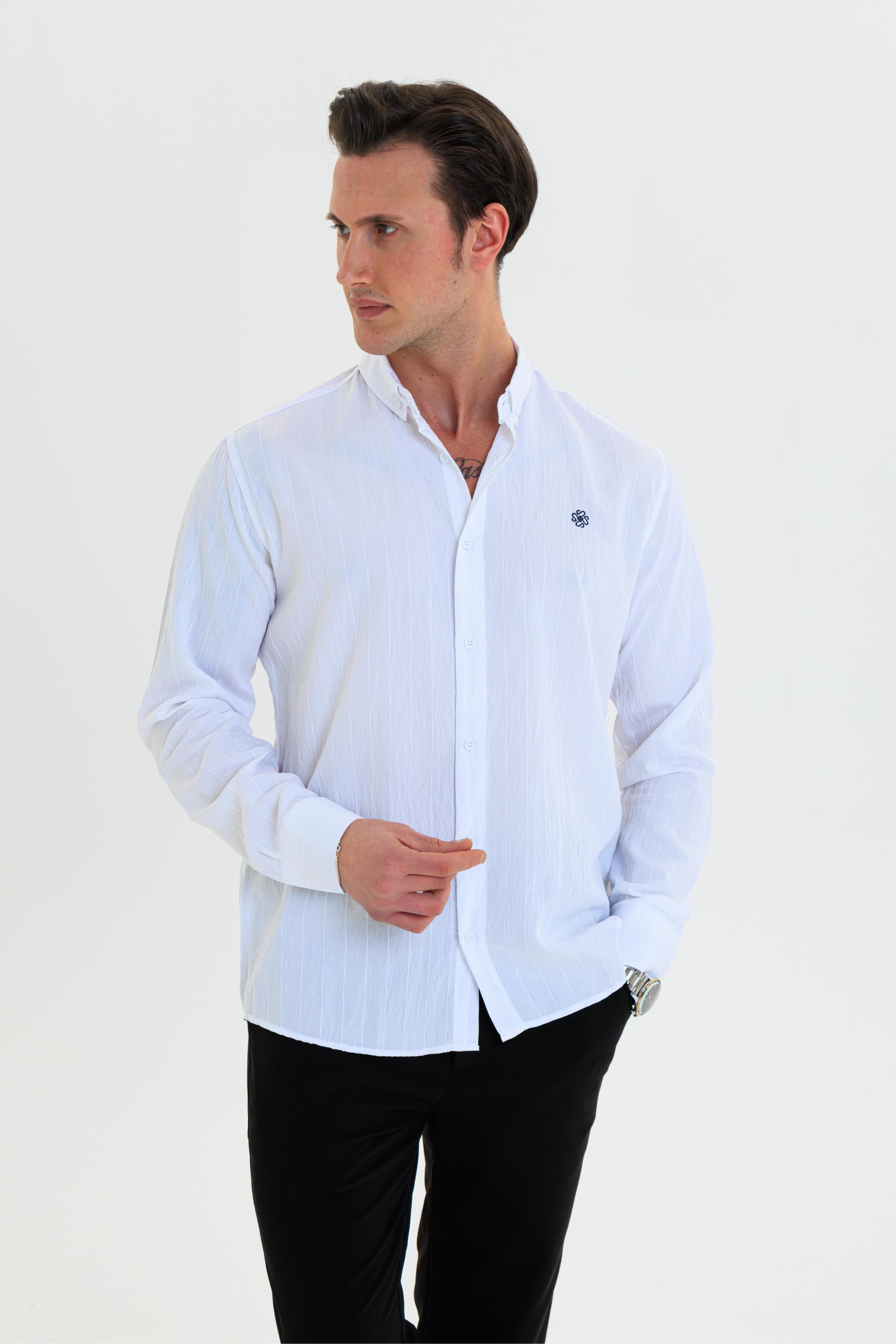GEWER Erkek Slim Fit Nakış Detaylı Keten %100 Pamuk Beyaz Gömlek