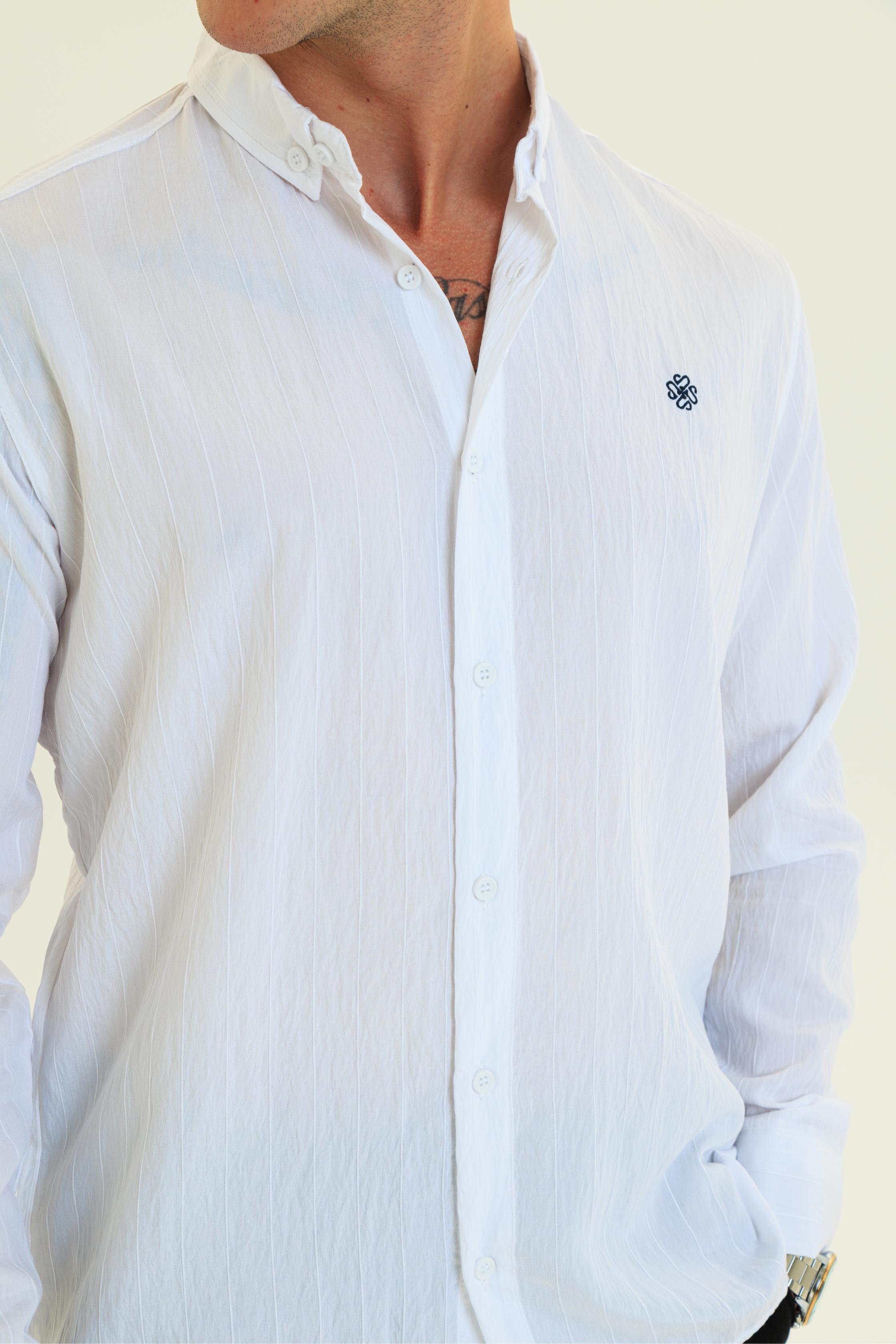 GEWER Erkek Slim Fit Nakış Detaylı Keten %100 Pamuk Beyaz Gömlek
