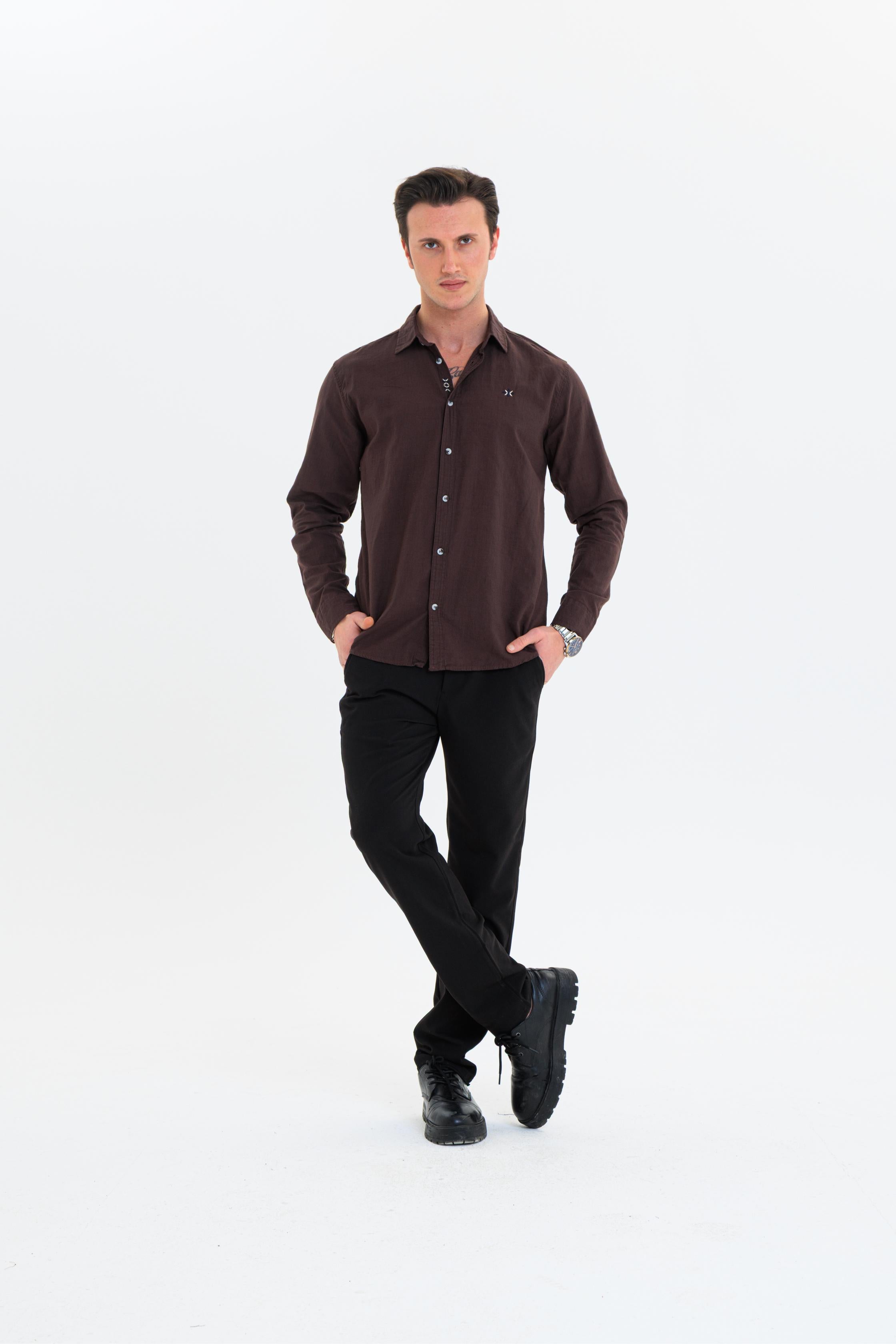 GEWER Erkek Slim Fit Nakış Detaylı %100 Pamuk Kahverengi Gömlek