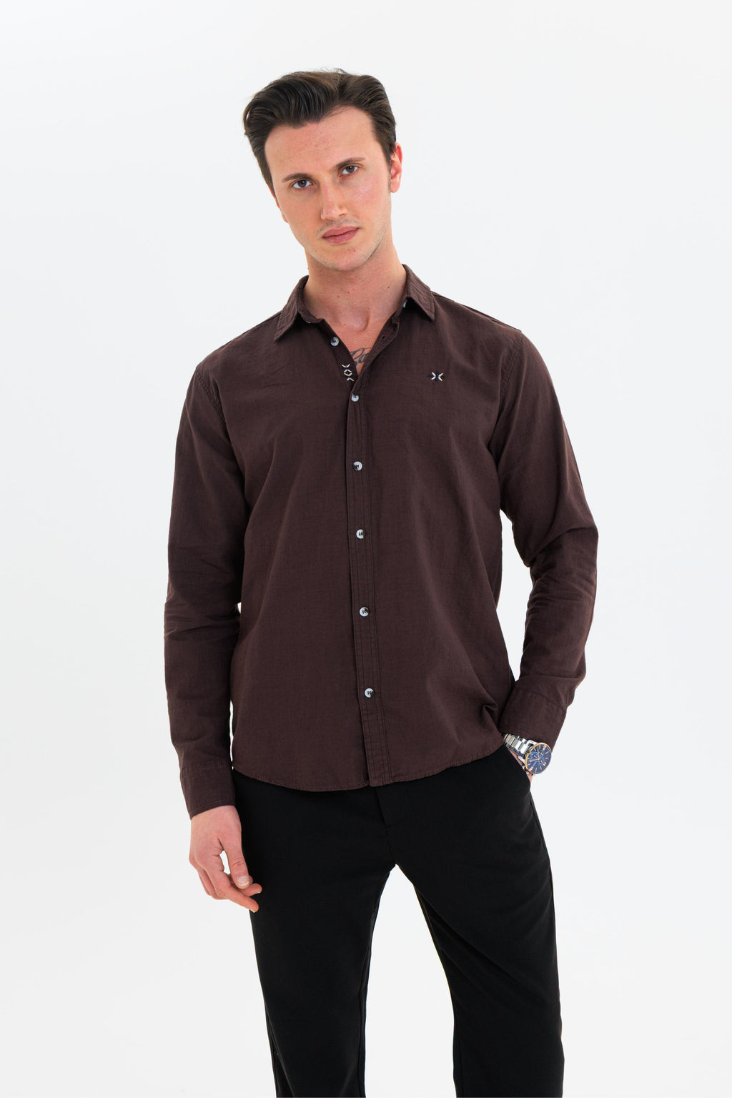 GEWER Erkek Slim Fit Nakış Detaylı %100 Pamuk Kahverengi Gömlek