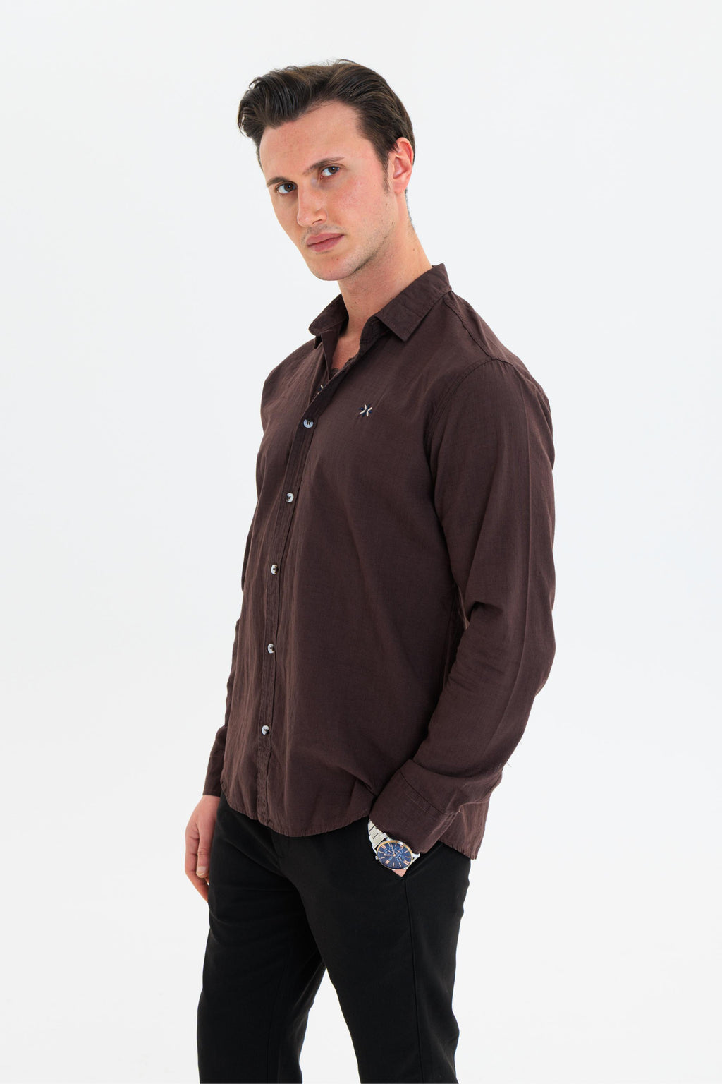 GEWER Erkek Slim Fit Nakış Detaylı %100 Pamuk Kahverengi Gömlek