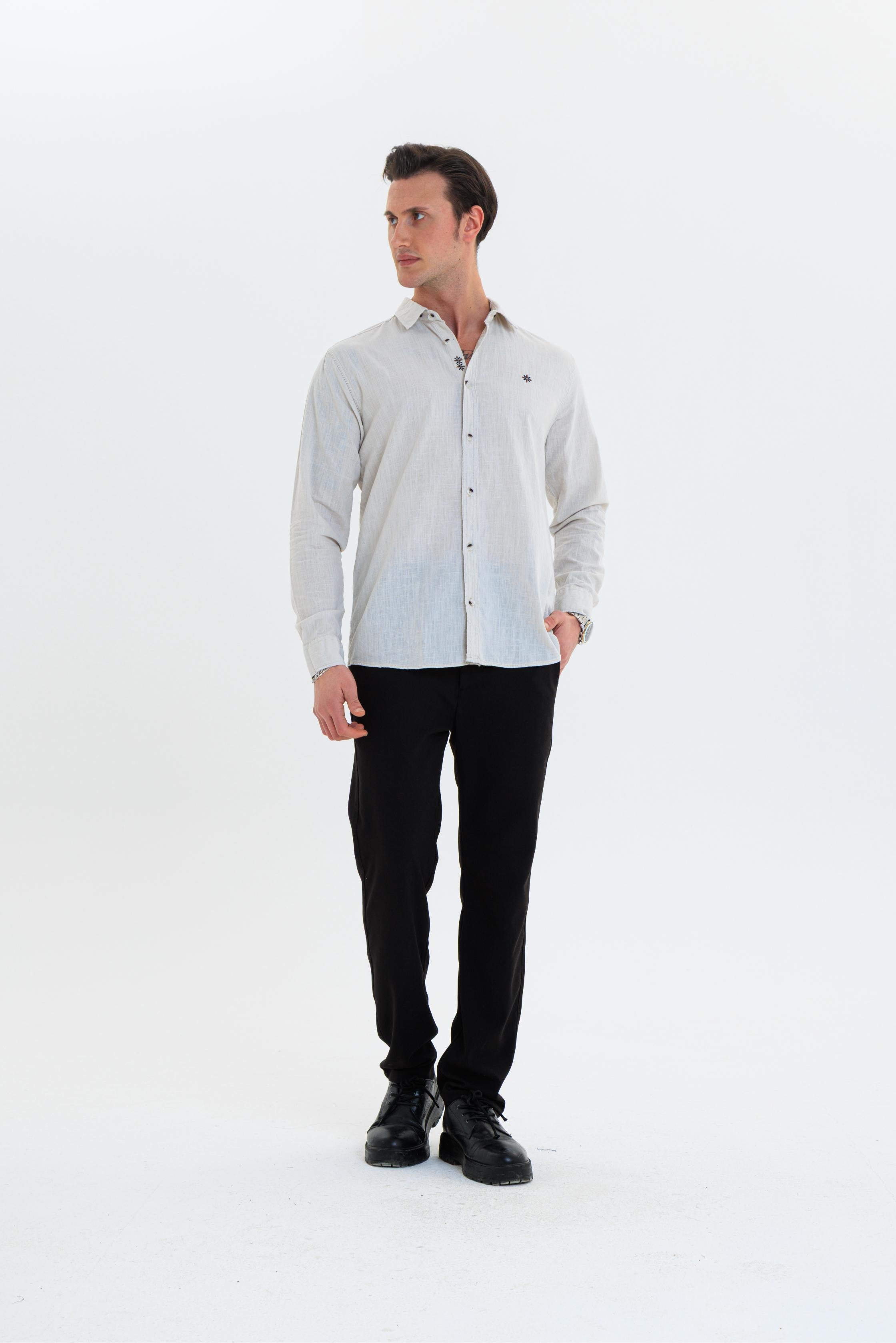 GEWER Erkek Slim Fit Nakış Detaylı Keten %100 Pamuk Bej Gömlek
