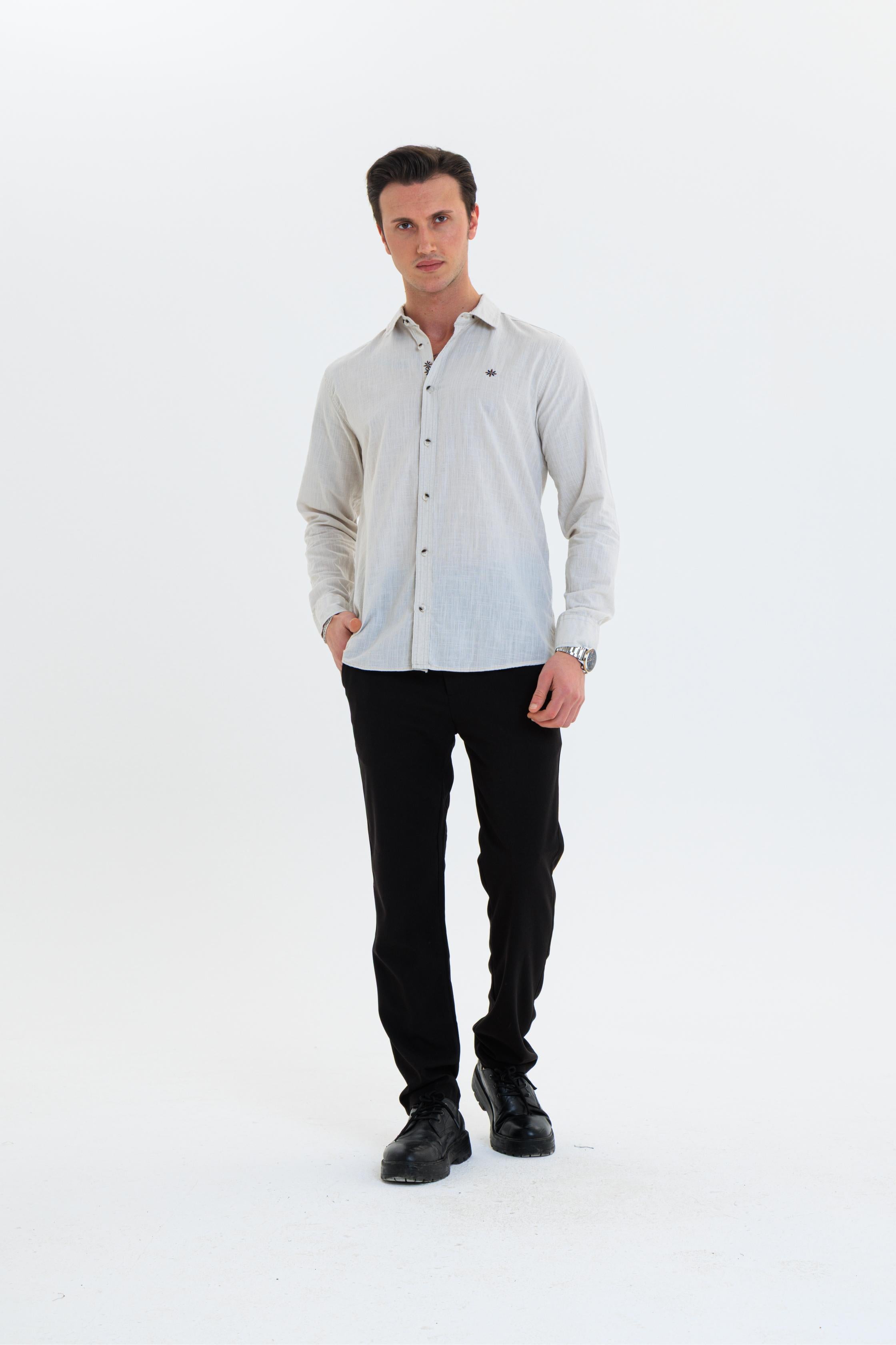 GEWER Erkek Slim Fit Nakış Detaylı Keten %100 Pamuk Bej Gömlek