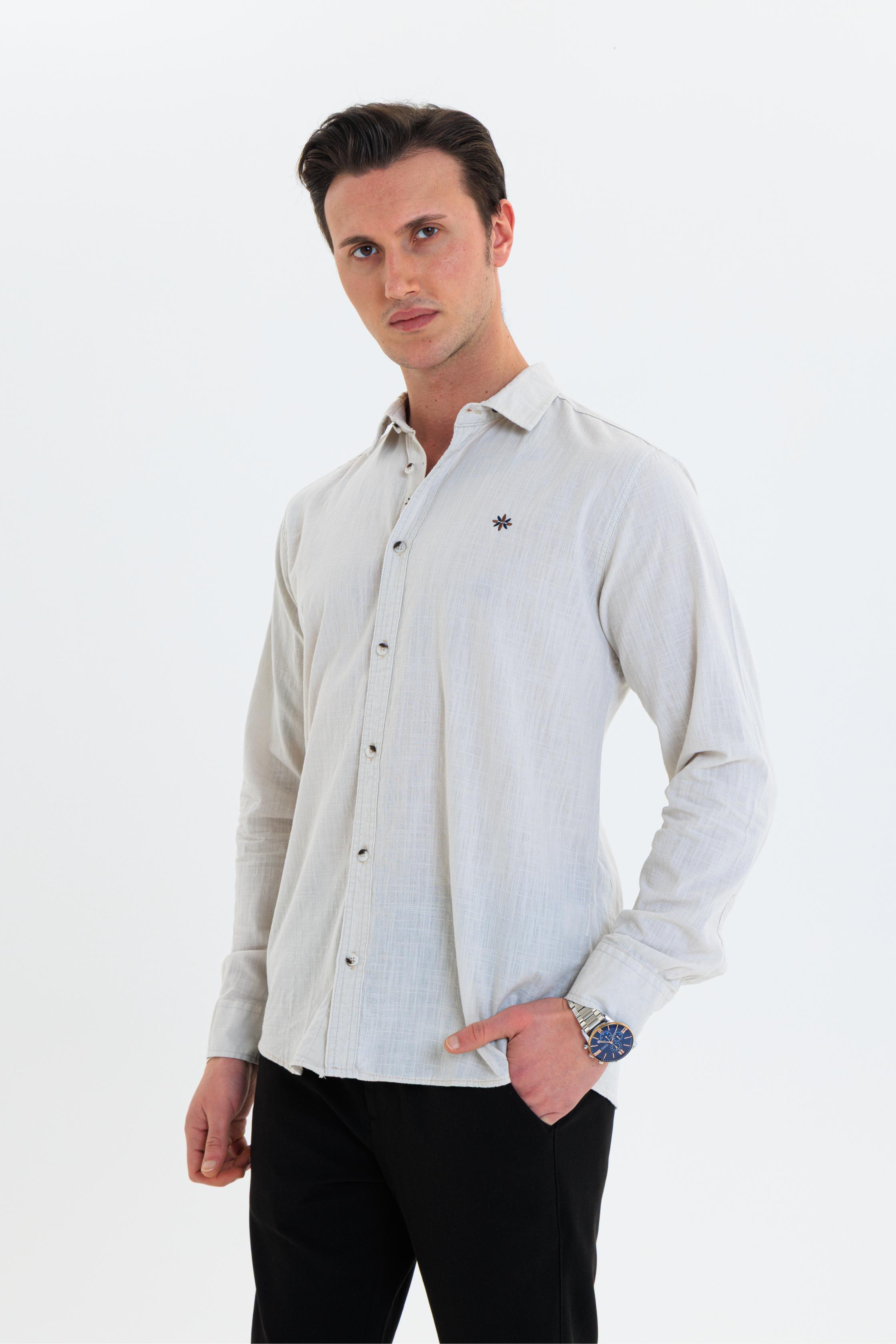 GEWER Erkek Slim Fit Nakış Detaylı Keten %100 Pamuk Bej Gömlek