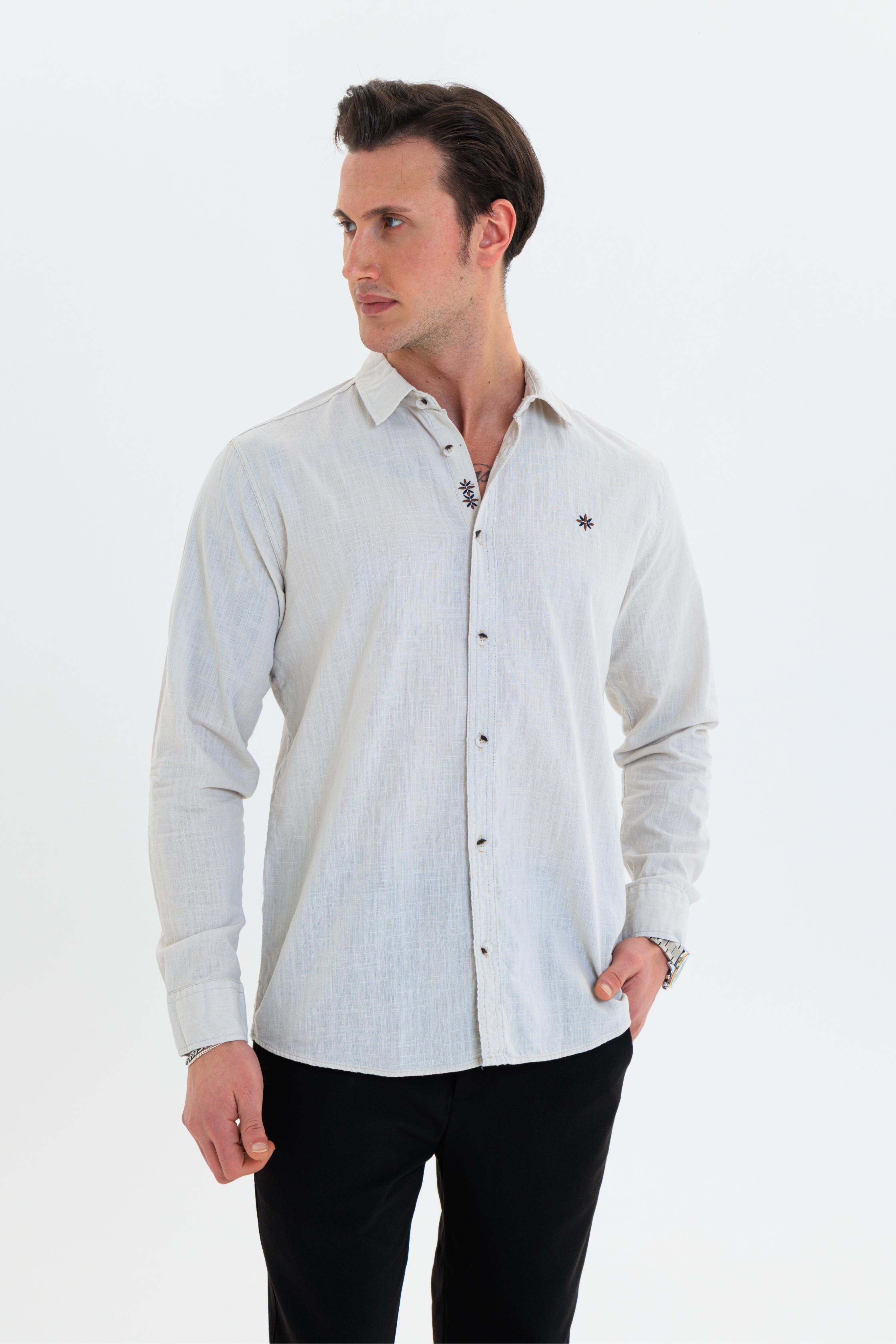 GEWER Erkek Slim Fit Nakış Detaylı Keten %100 Pamuk Bej Gömlek