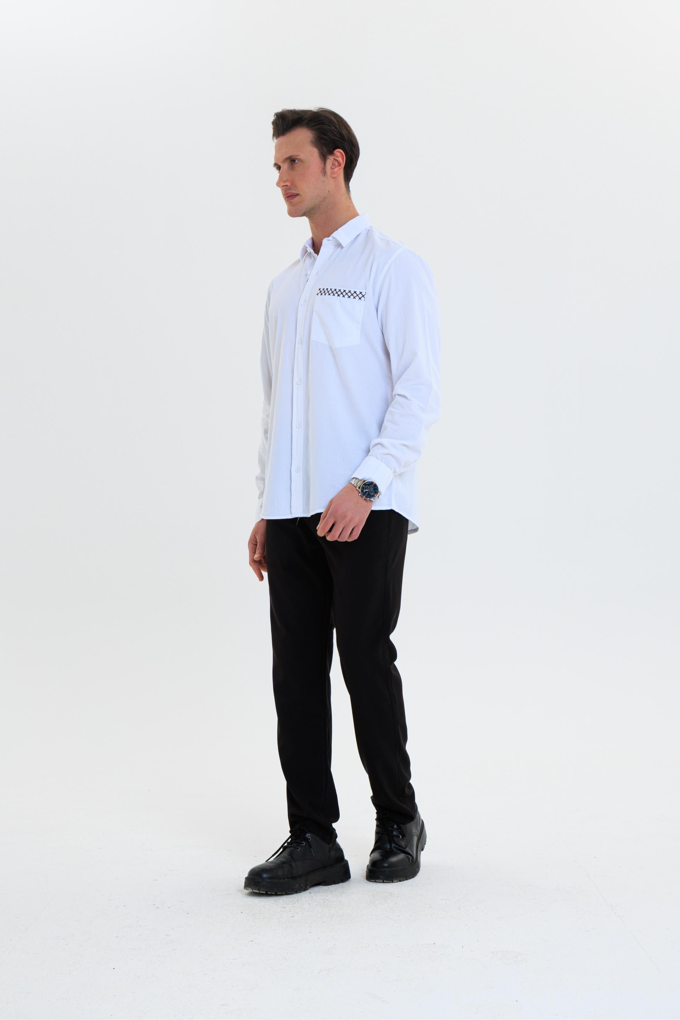 GEWER Erkek Slim Fit Cepli Nakış Detaylı %100 Pamuk Beyaz GÖMLEK