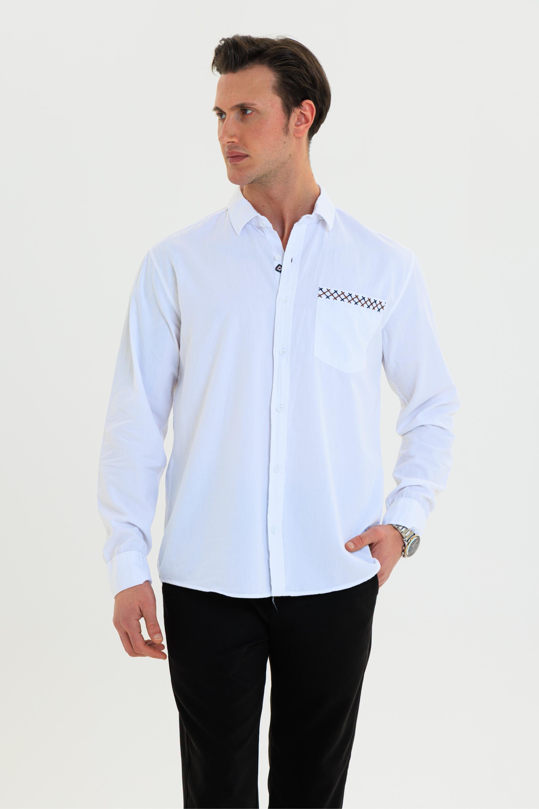 GEWER Erkek Slim Fit Cepli Nakış Detaylı %100 Pamuk Beyaz GÖMLEK
