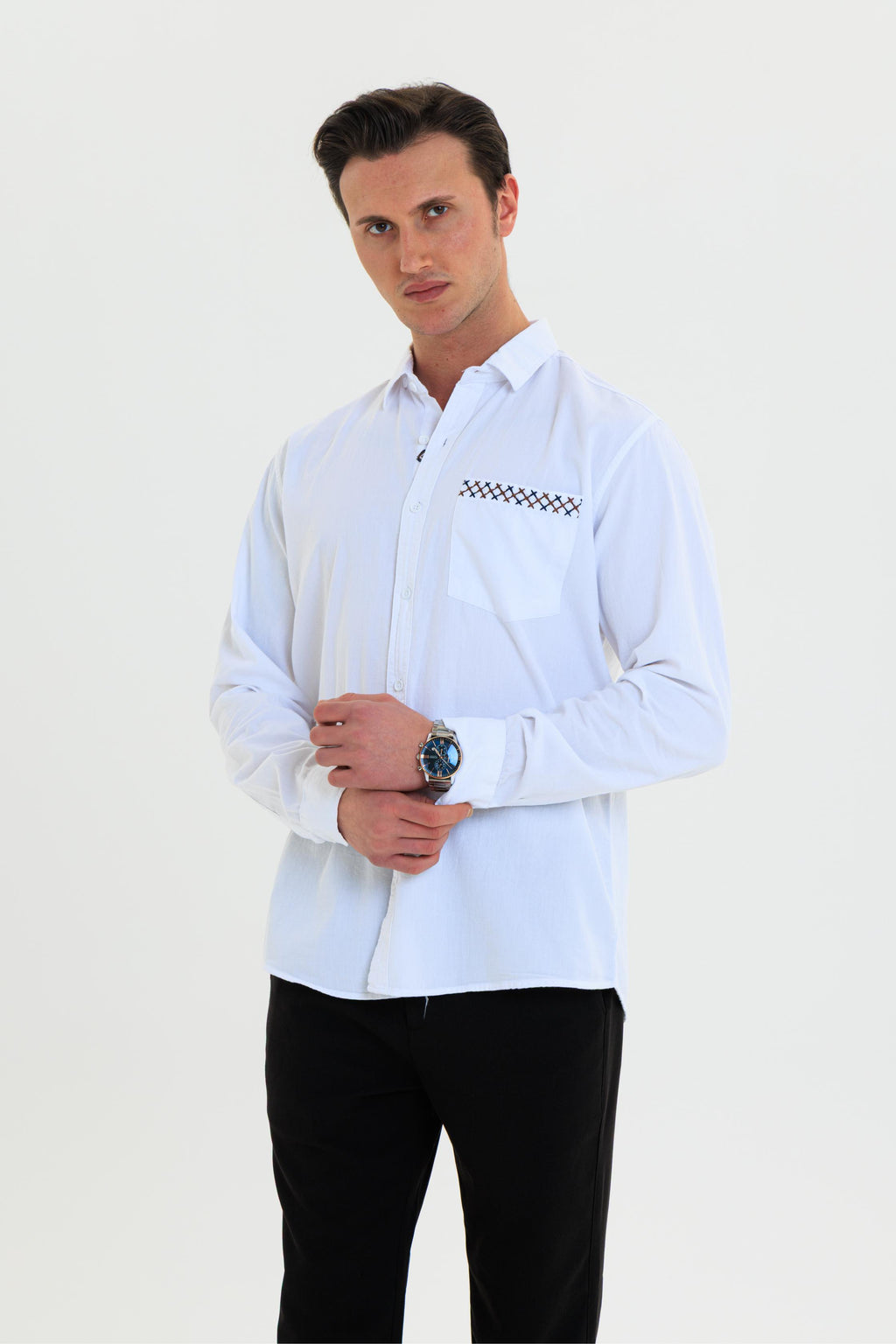 GEWER Erkek Slim Fit Cepli Nakış Detaylı %100 Pamuk Beyaz GÖMLEK