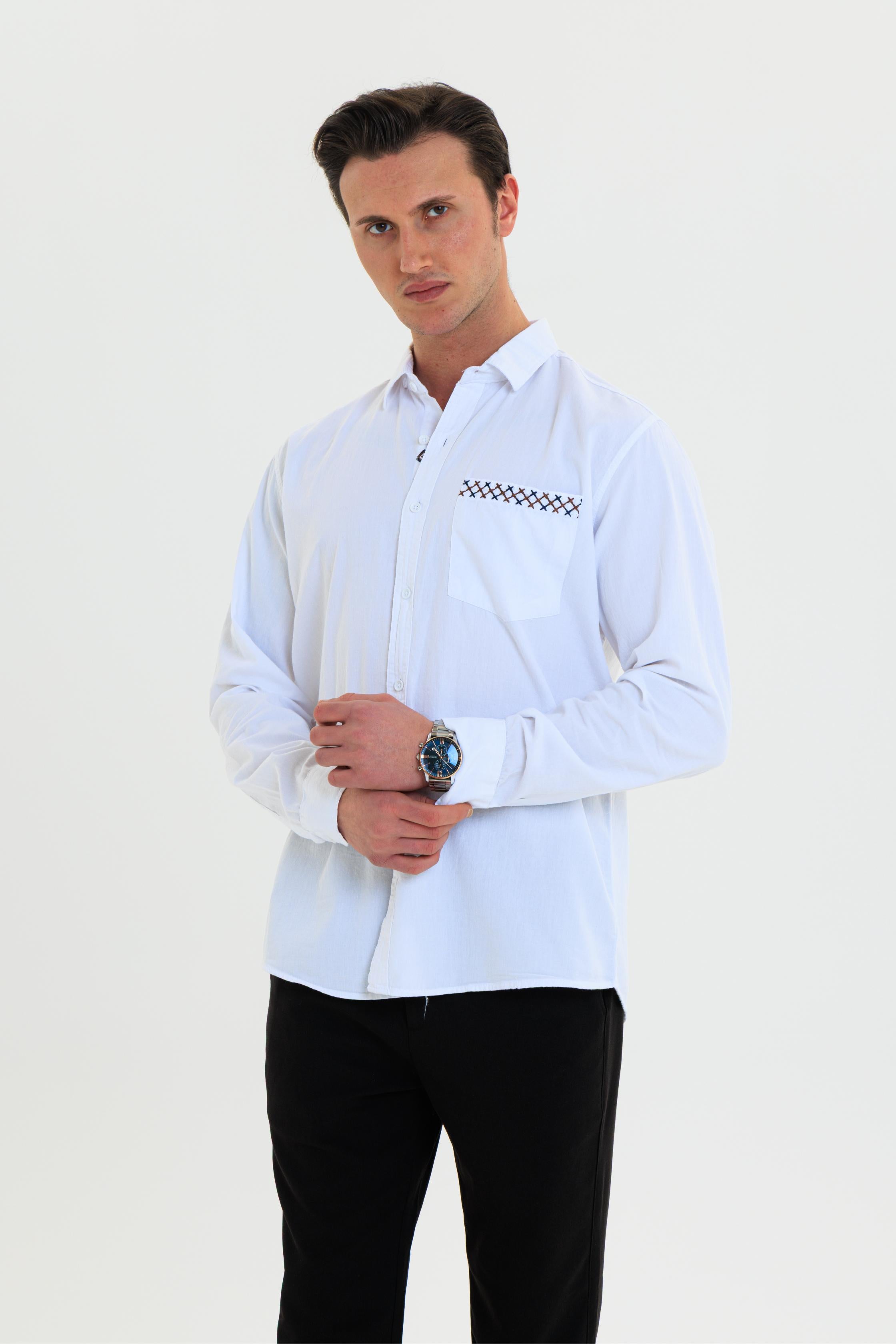 GEWER Erkek Slim Fit Cepli Nakış Detaylı %100 Pamuk Beyaz GÖMLEK