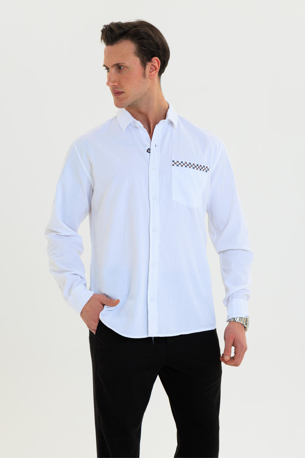 GEWER Erkek Slim Fit Cepli Nakış Detaylı %100 Pamuk Beyaz GÖMLEK