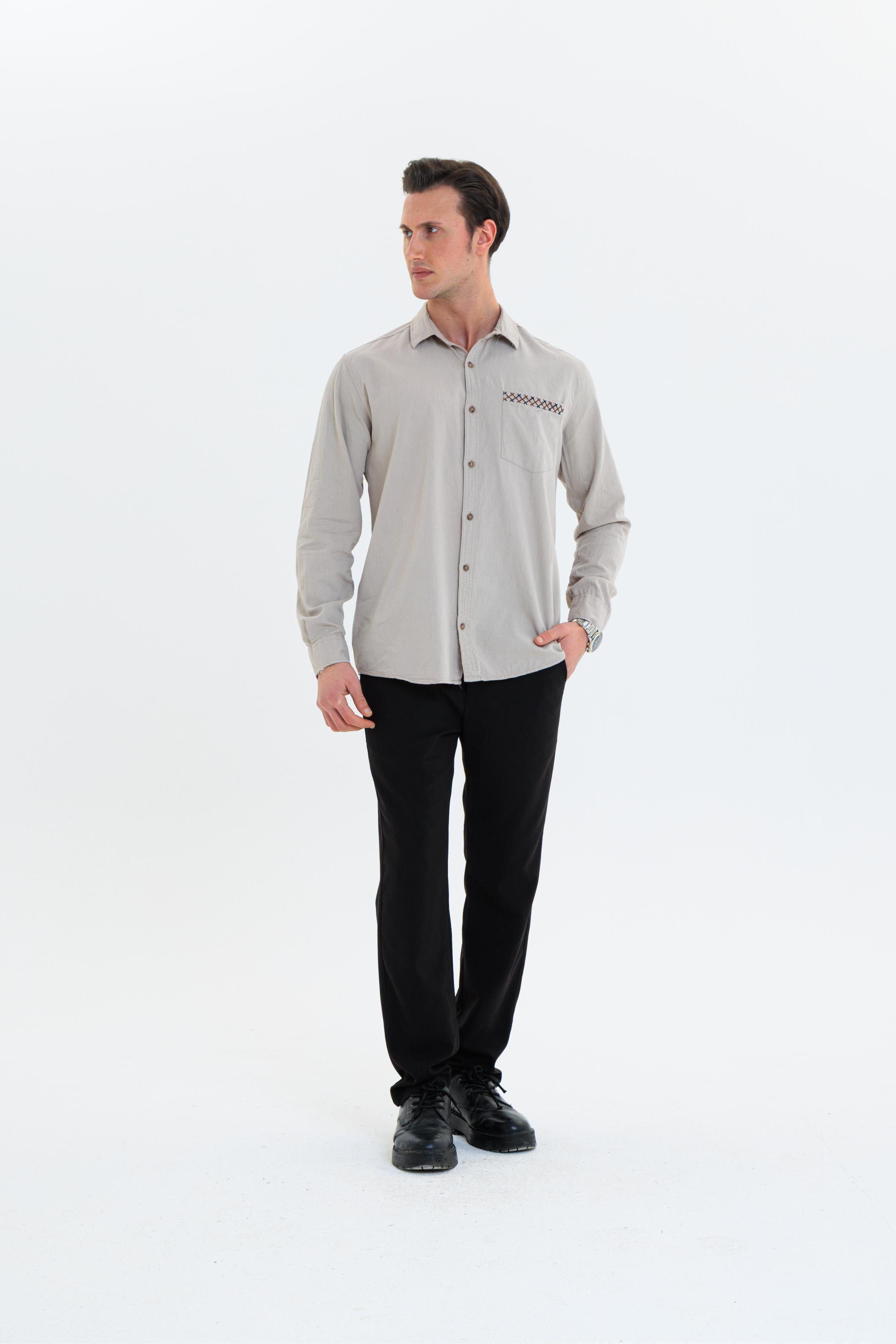 GEWER Erkek Slim Fit Cepli Nakış Detaylı %100 Pamuk Bej GÖMLEK
