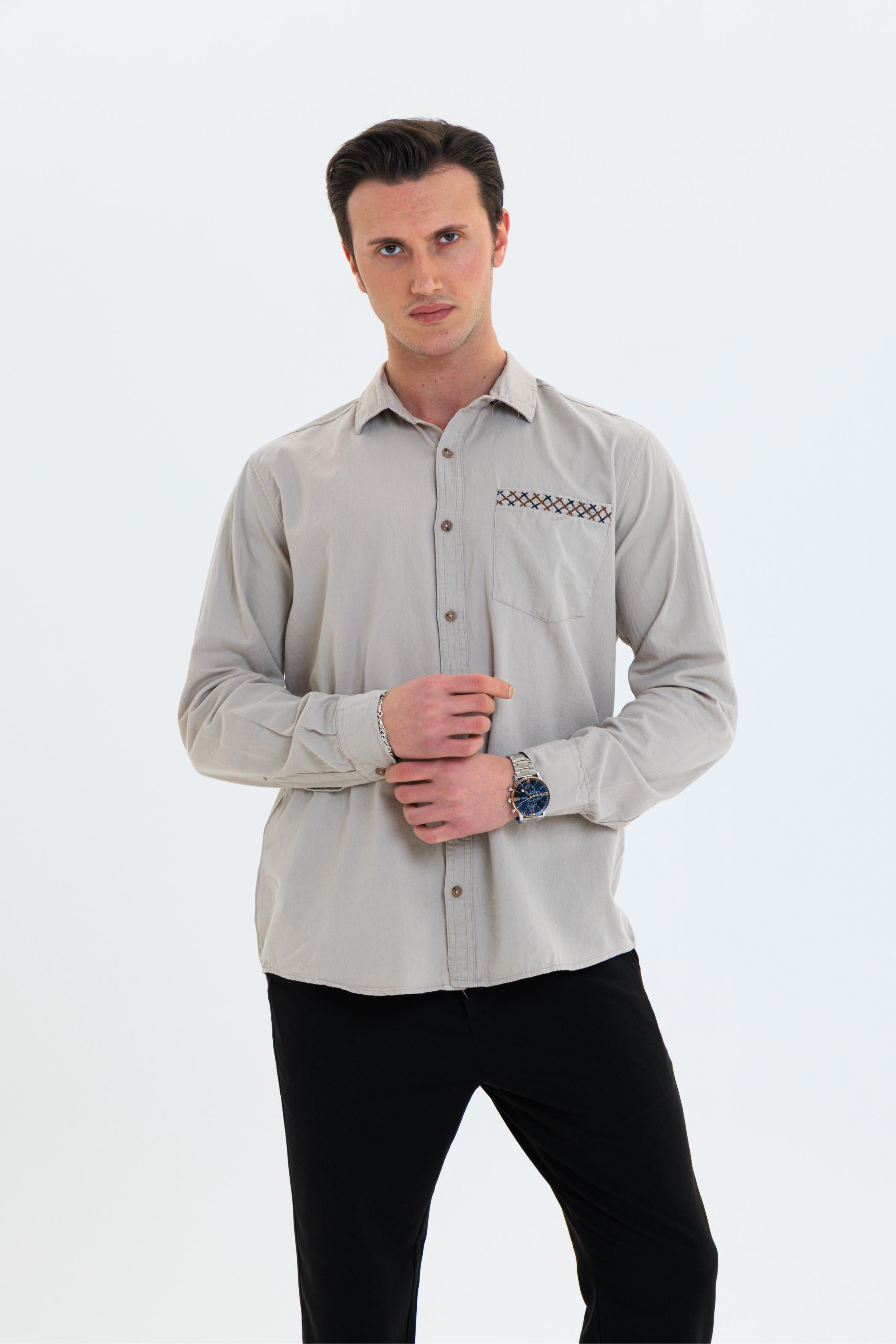 GEWER Erkek Slim Fit Cepli Nakış Detaylı %100 Pamuk Bej GÖMLEK