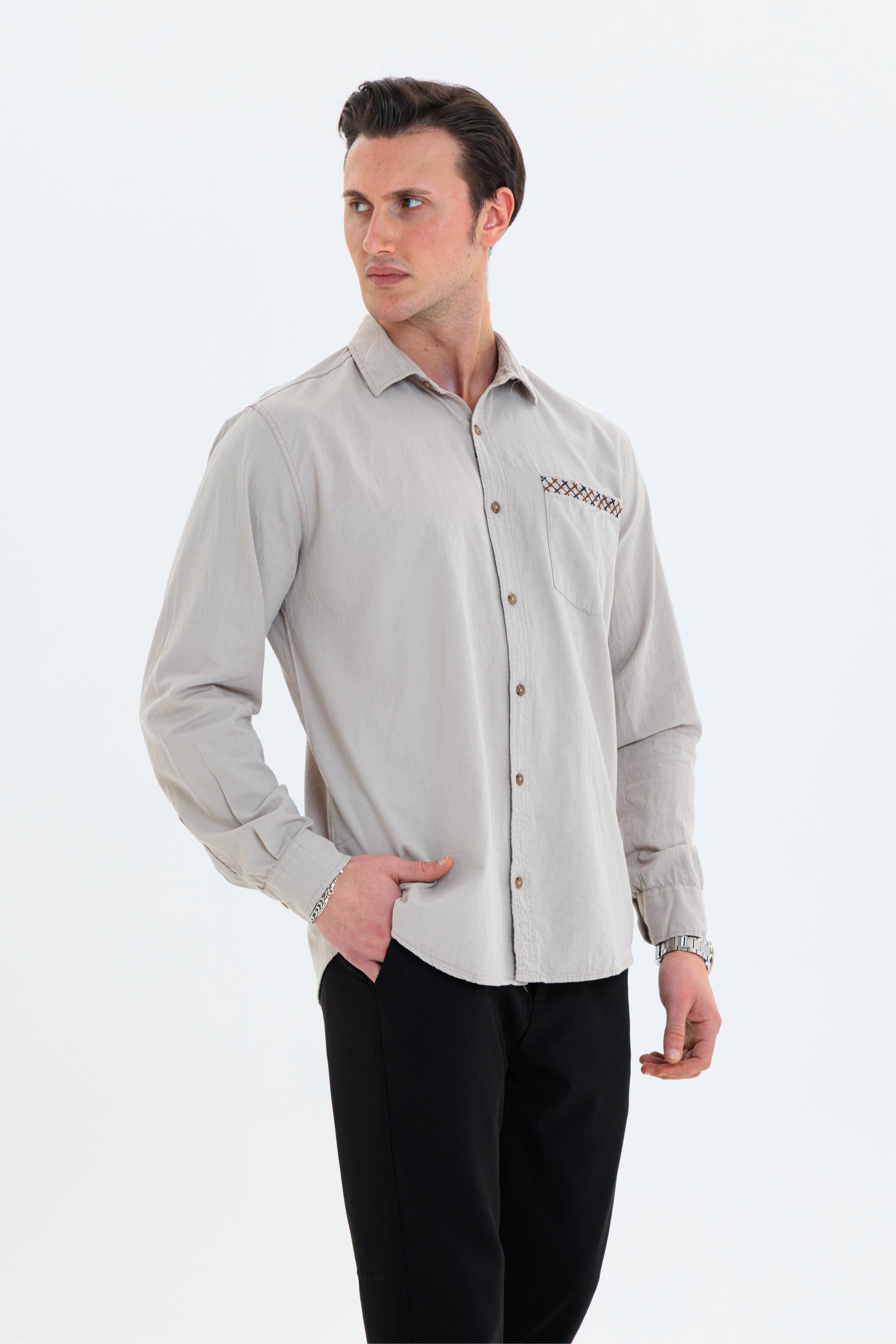 GEWER Erkek Slim Fit Cepli Nakış Detaylı %100 Pamuk Bej GÖMLEK