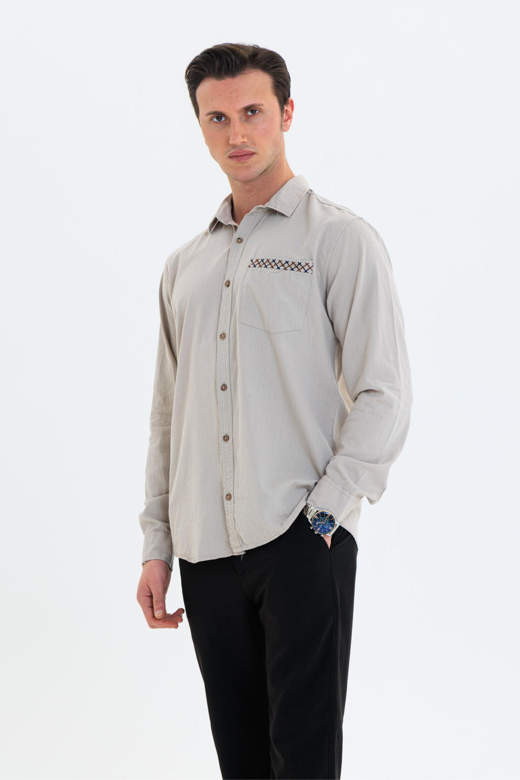 GEWER Erkek Slim Fit Cepli Nakış Detaylı %100 Pamuk Bej GÖMLEK