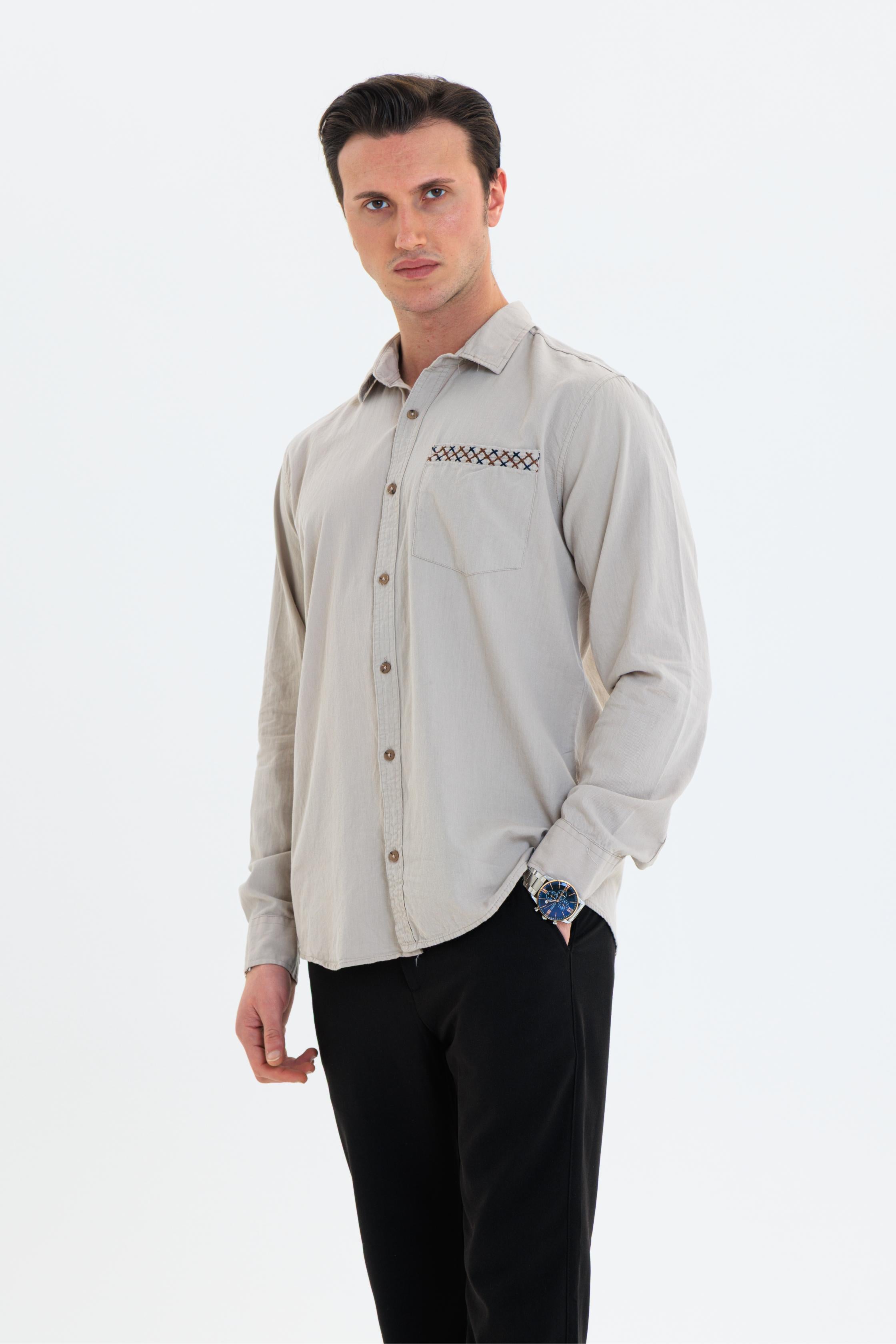 GEWER Erkek Slim Fit Cepli Nakış Detaylı %100 Pamuk Bej GÖMLEK