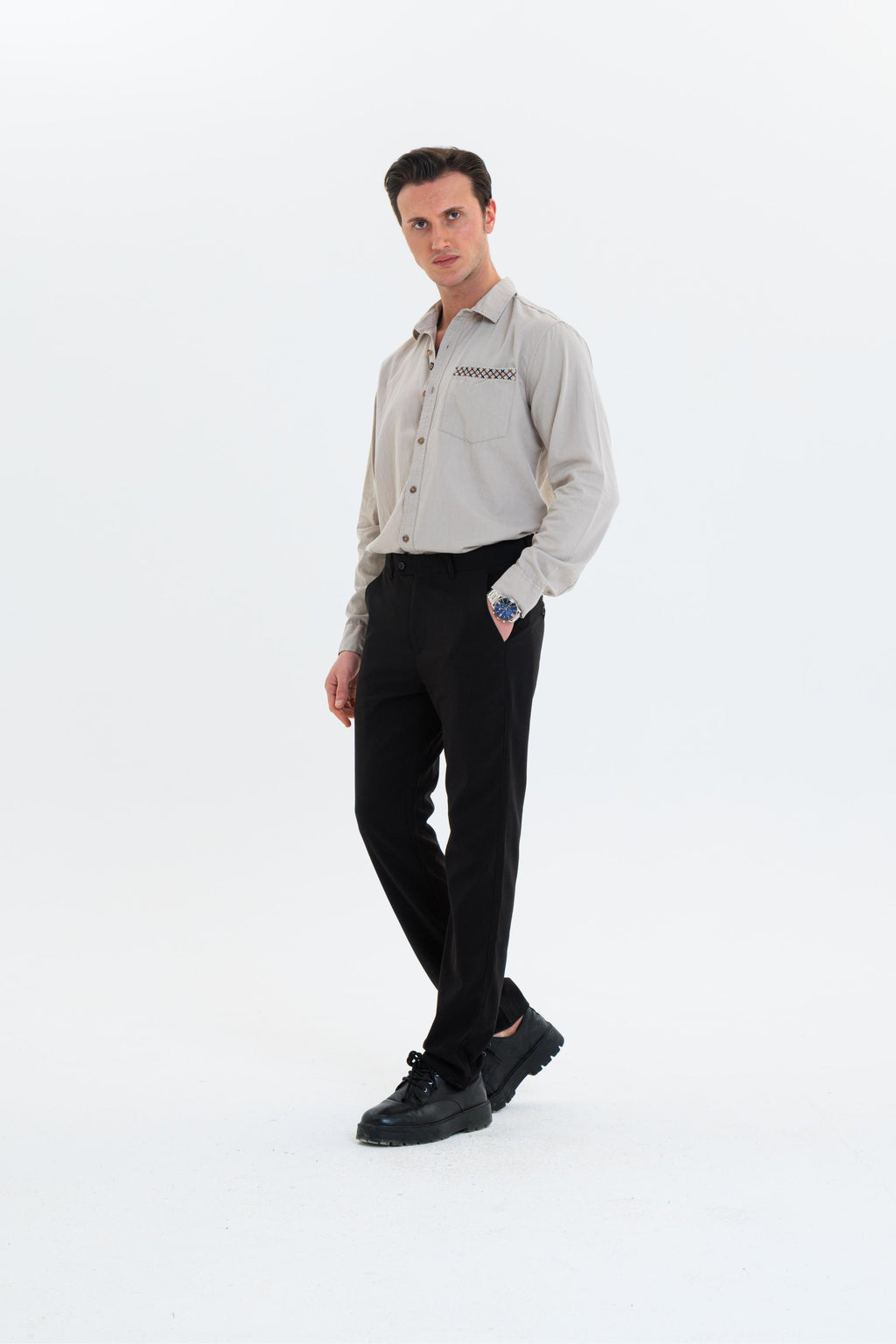Erkek Düz Kesim Kumaş Pantolon Esnek Likralı Bilek Boy Siyah -Skinny & Normal Bel