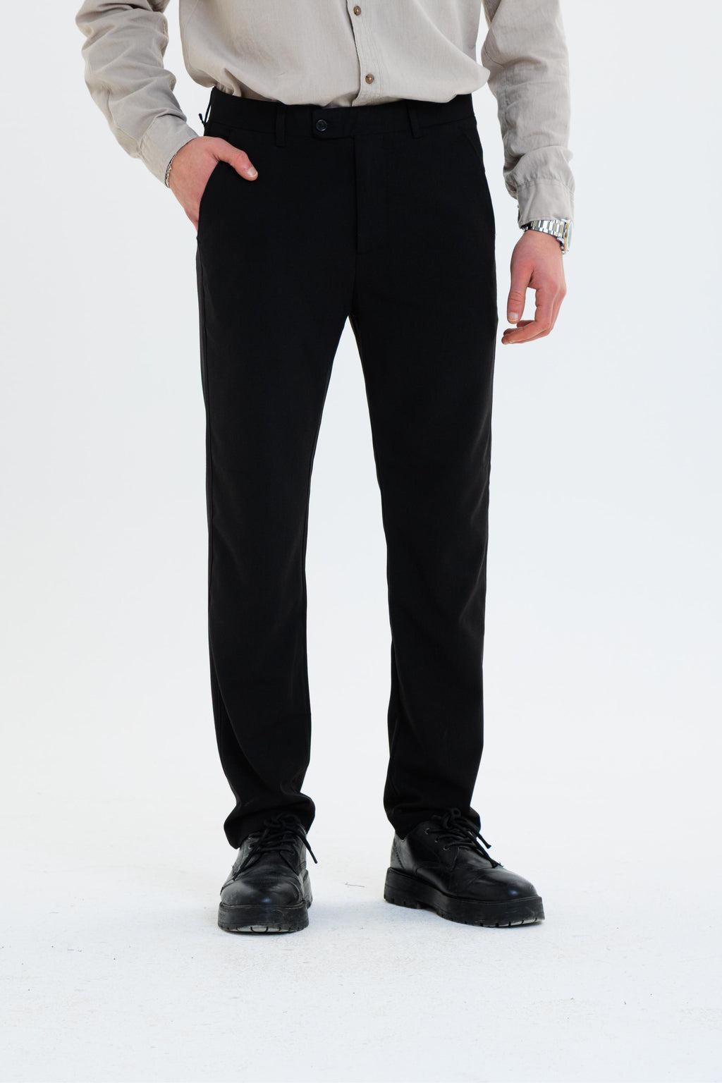 Erkek Düz Kesim Kumaş Pantolon Esnek Likralı Bilek Boy Siyah -Skinny & Normal Bel