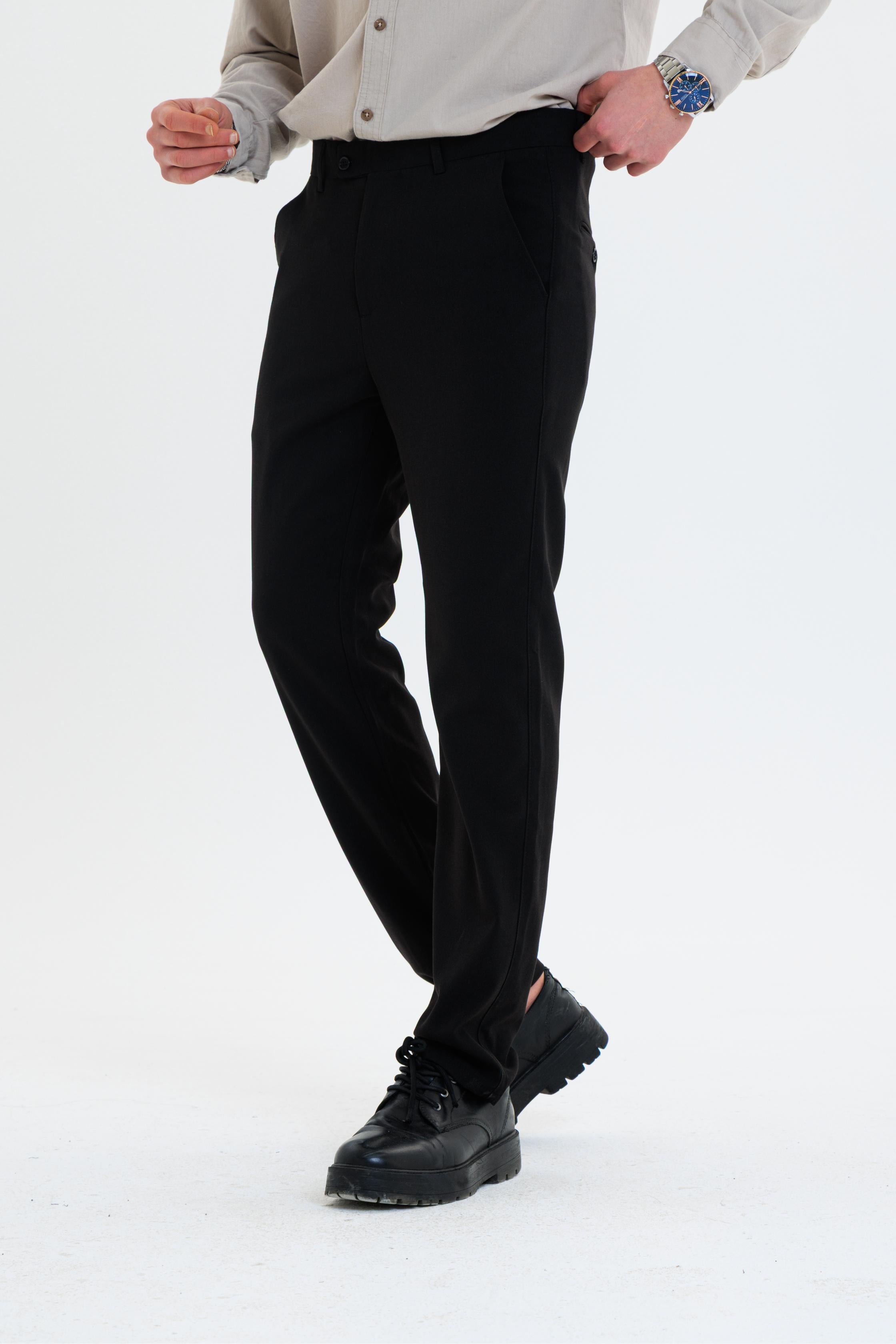 Erkek Düz Kesim Kumaş Pantolon Esnek Likralı Bilek Boy Siyah -Skinny & Normal Bel