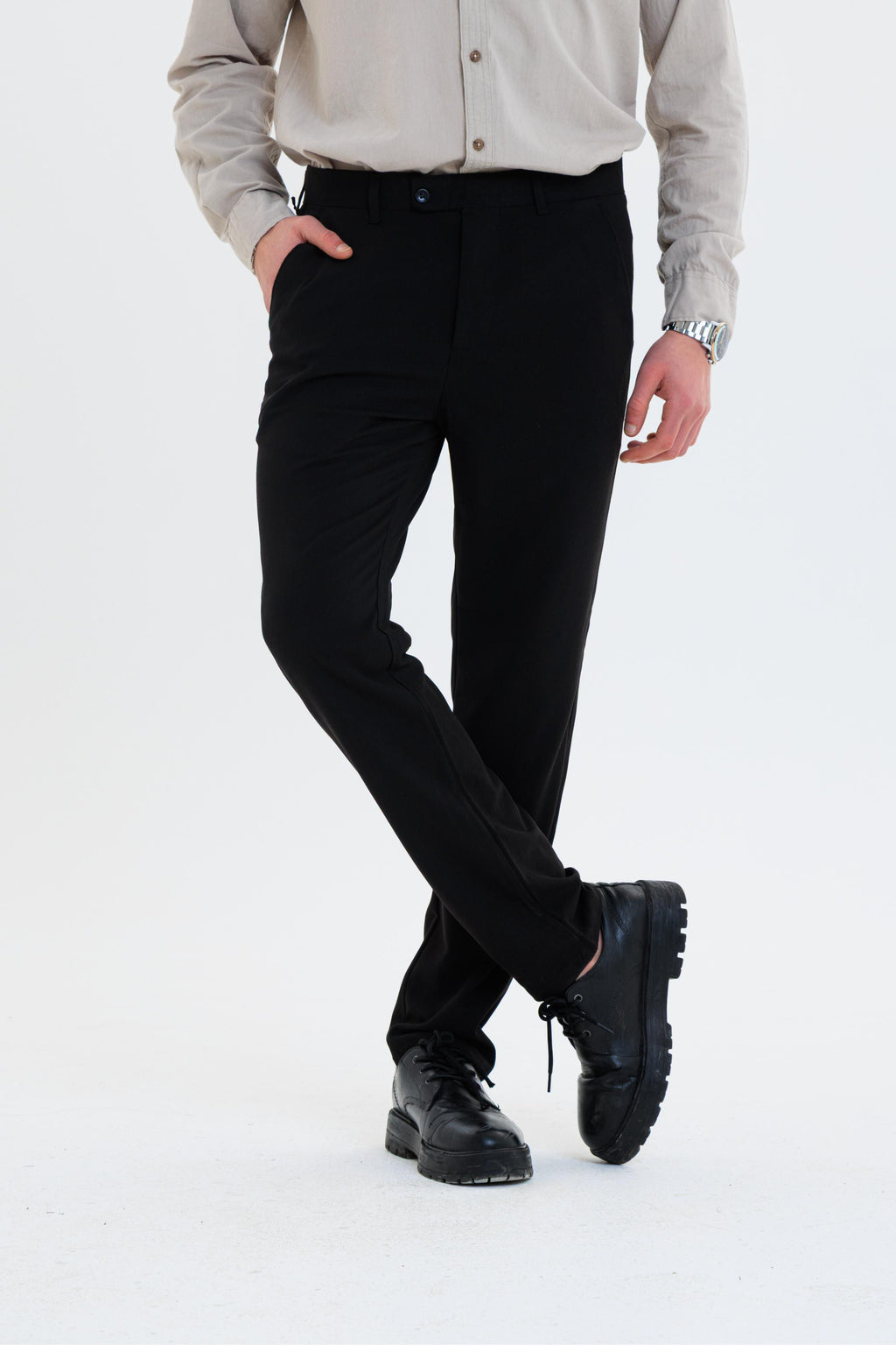 Erkek Düz Kesim Kumaş Pantolon Esnek Likralı Bilek Boy Siyah -Skinny & Normal Bel