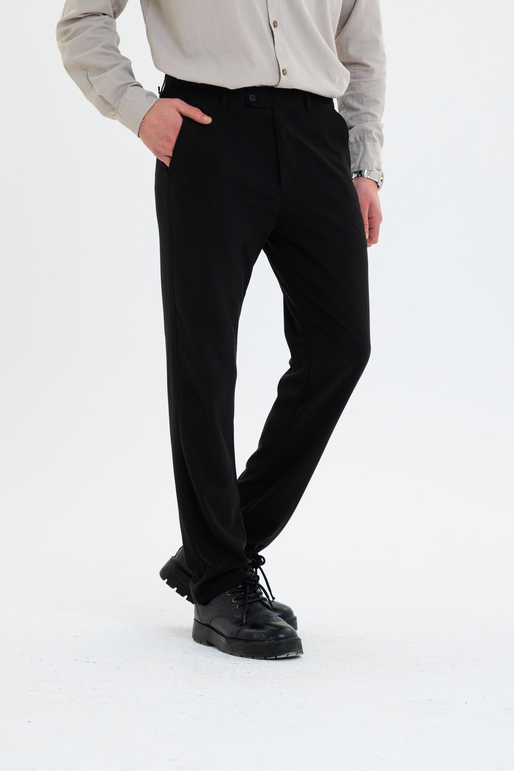 Erkek Düz Kesim Kumaş Pantolon Esnek Likralı Bilek Boy Siyah -Skinny & Normal Bel