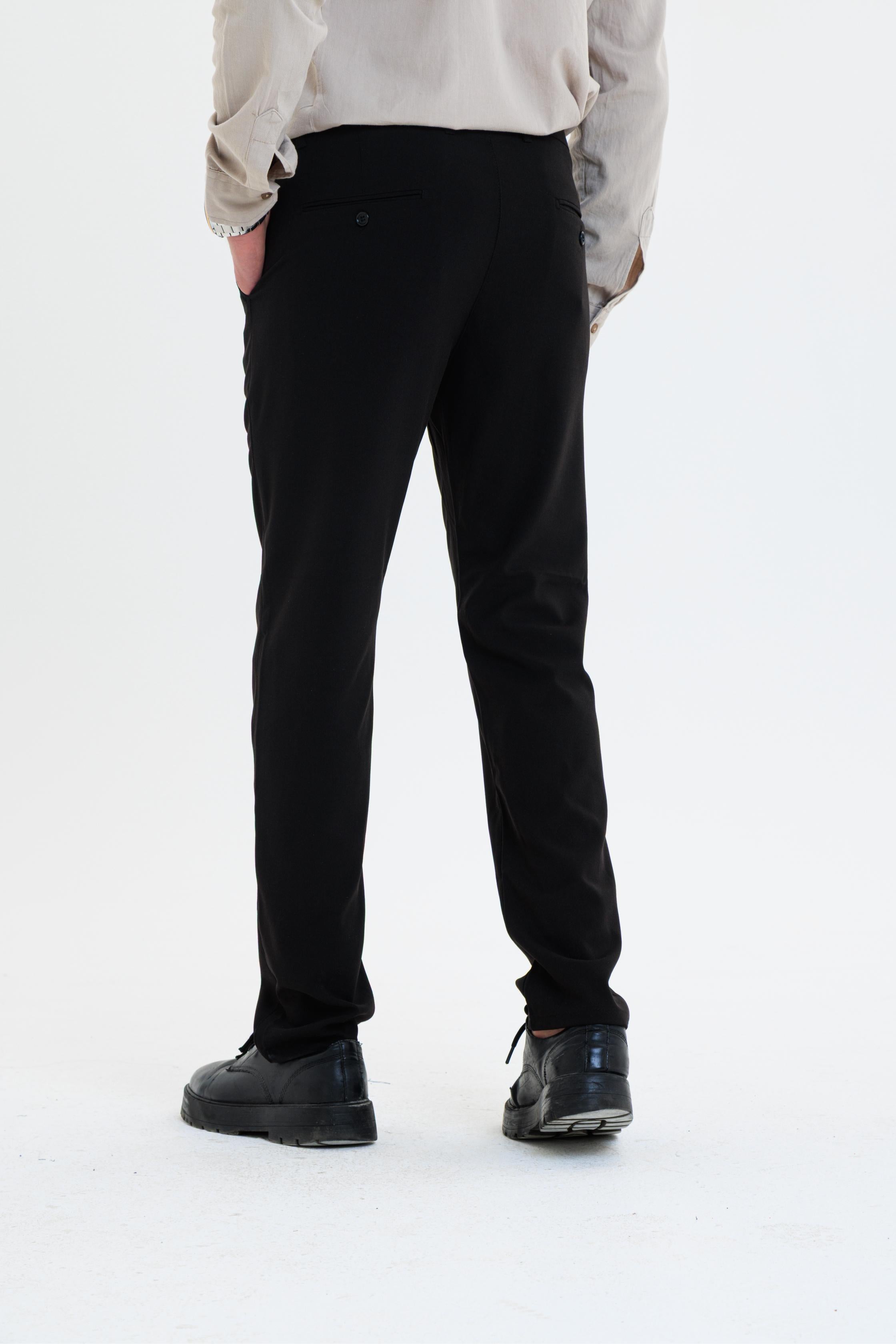 Erkek Düz Kesim Kumaş Pantolon Esnek Likralı Bilek Boy Siyah -Skinny & Normal Bel