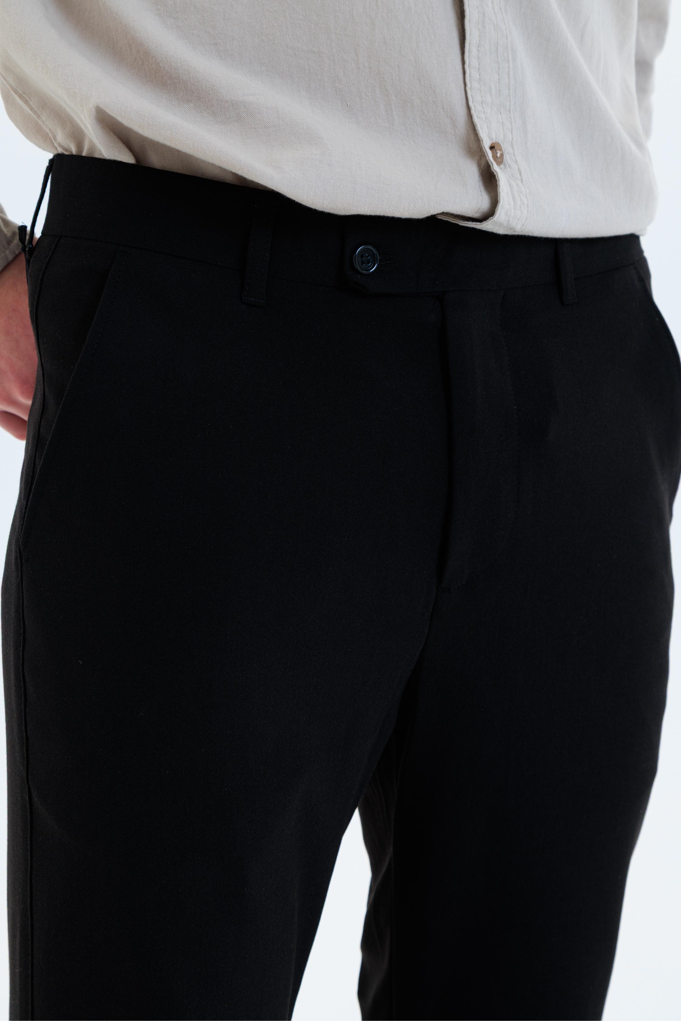 Erkek Düz Kesim Kumaş Pantolon Esnek Likralı Bilek Boy Siyah -Skinny & Normal Bel