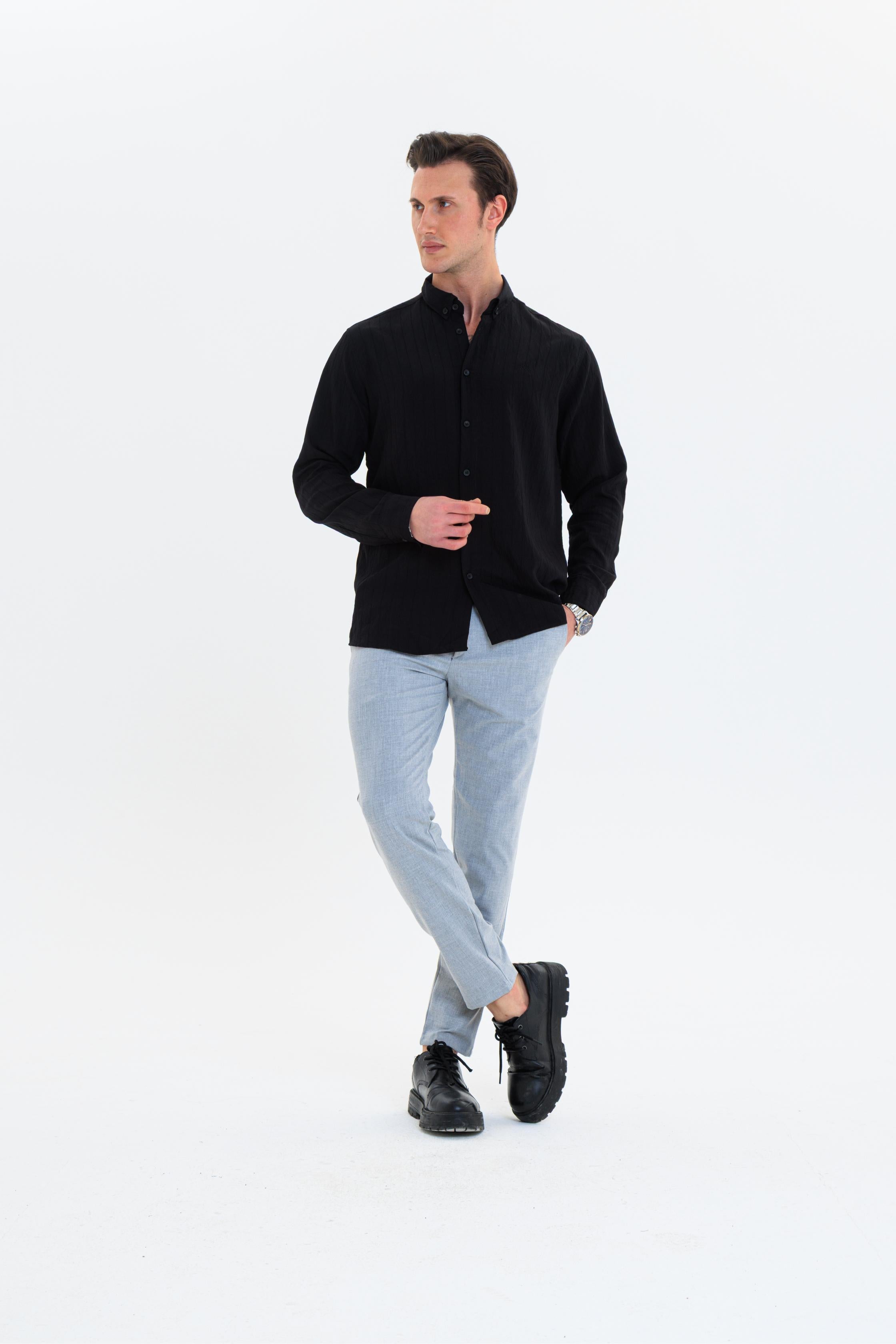 GEWER Erkek Slim Fit Çizgi Detaylı %100 Pamuk Siyah Gömlek